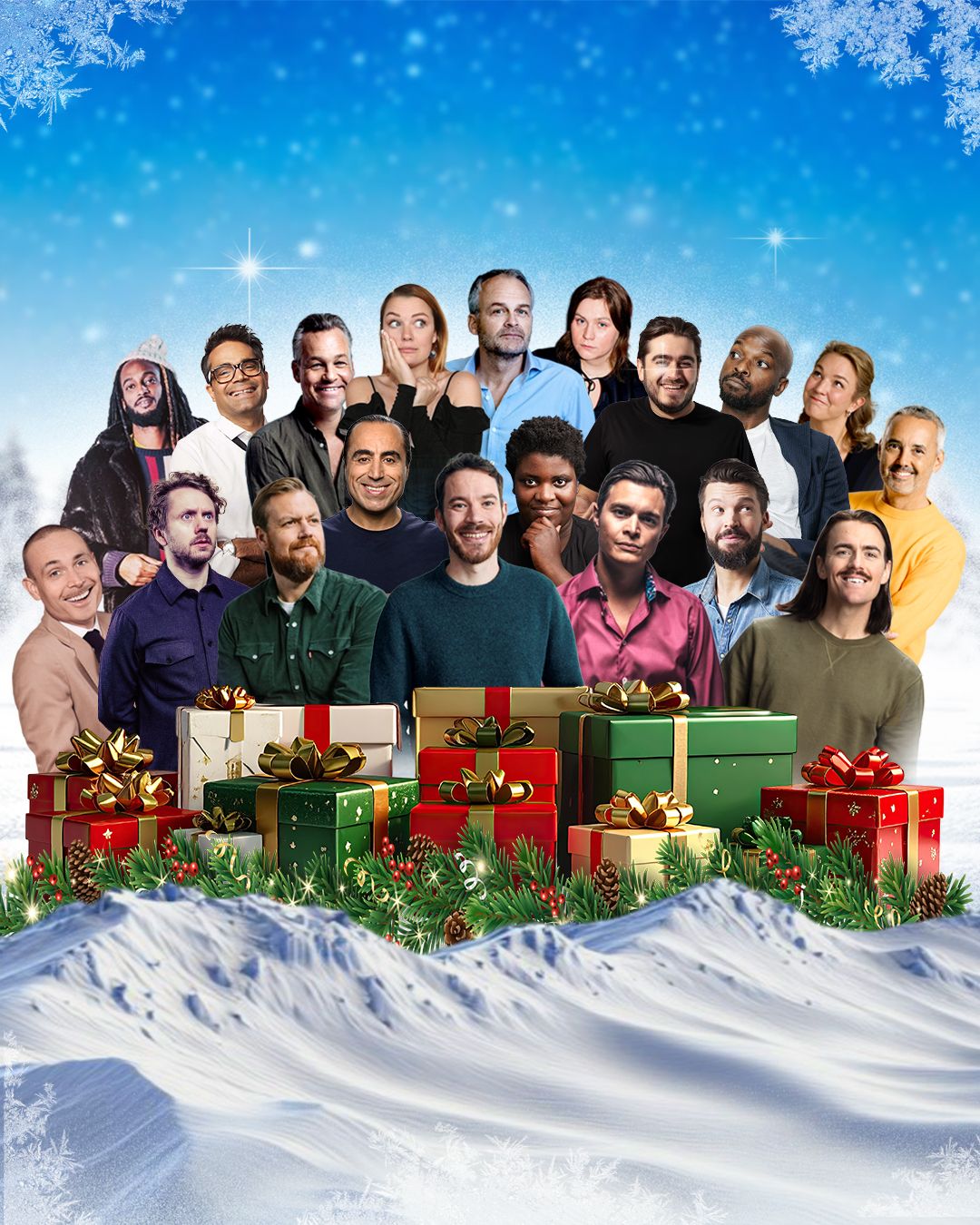 Manér för Humorkalaset Christmas. Massor av komiker radas upp inklippta i ett vinterlandskap med paket och snö.