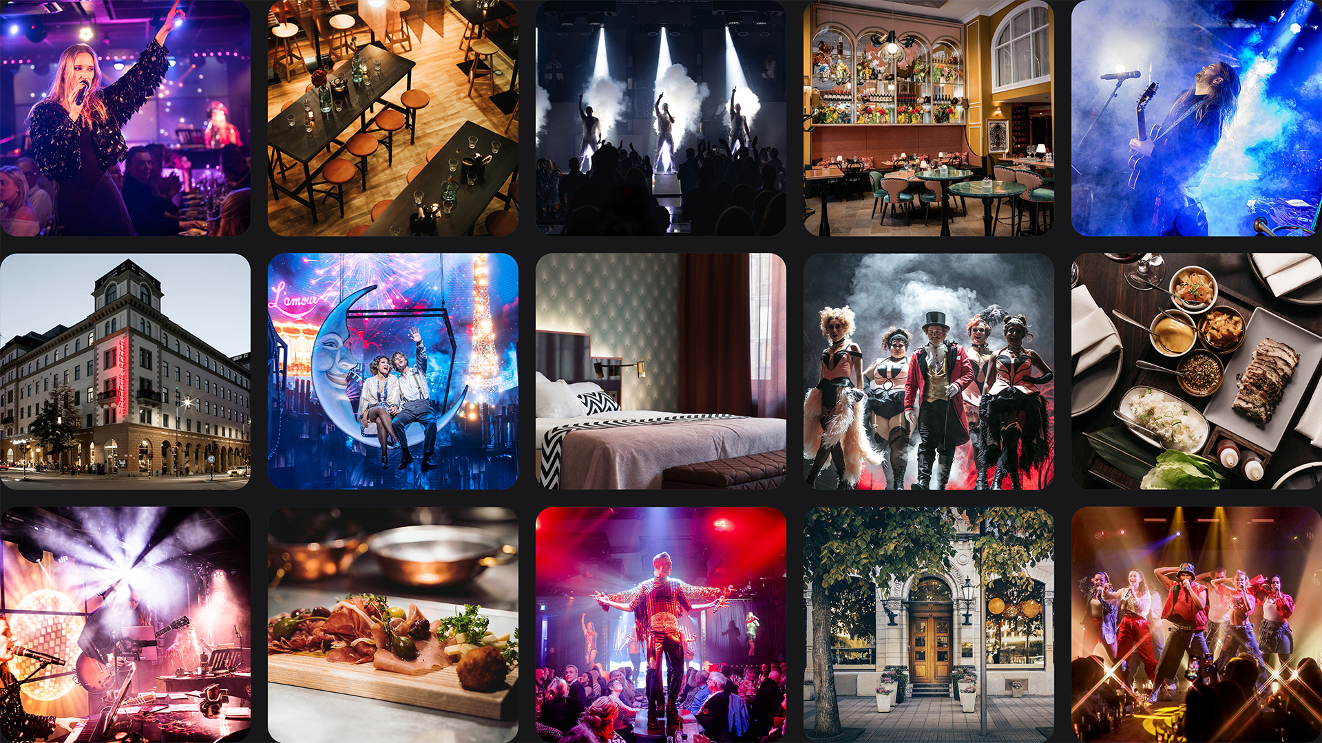 Collage med bilder från hotell, middagar, shower och musikupplevelser – en översikt av Showtics hotellpaket i samarbete med Nöjesresor.