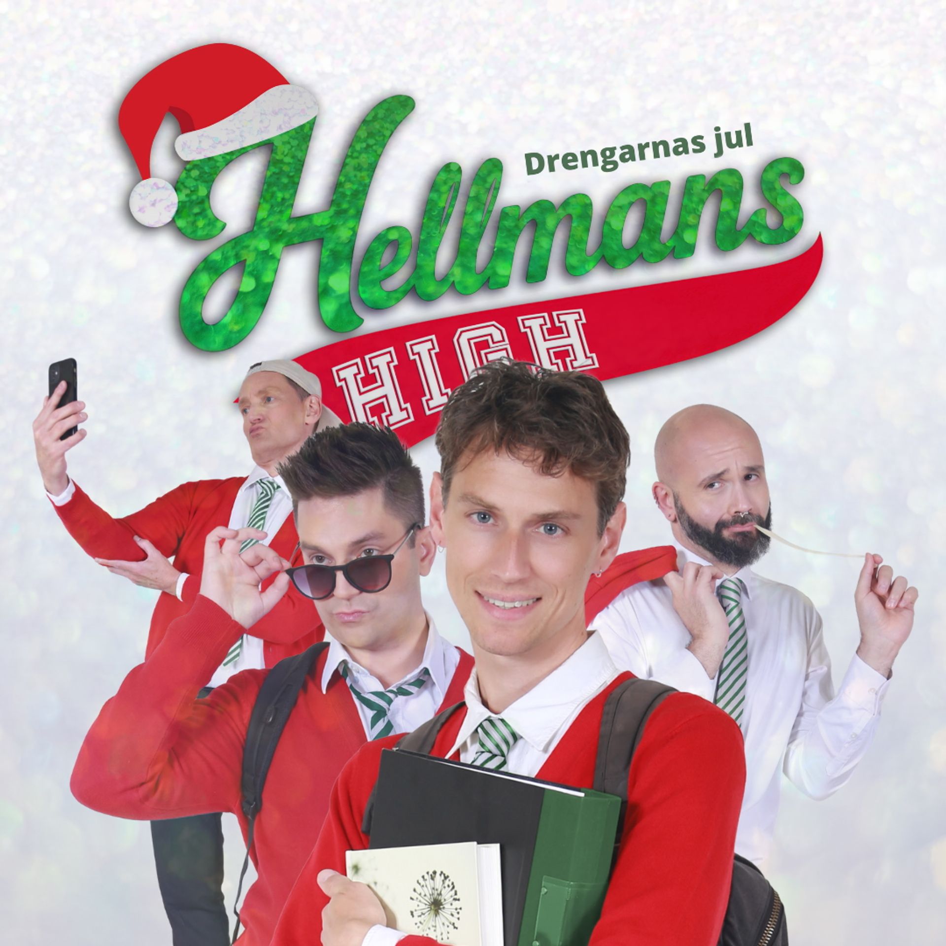 Manér för Drengarnas jul Hellmans High där fyra us ensemblen poserar i skoluniformer.