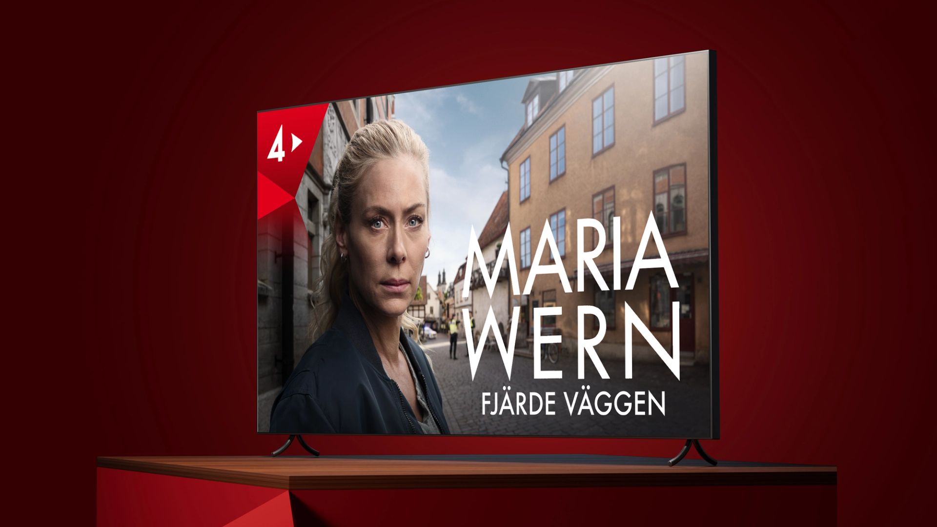 TV4 Play-skärm med Maria Wern i en svensk stadsmiljö. Texten visar Maria Wern, Fjärde våggen och TV4 Play.