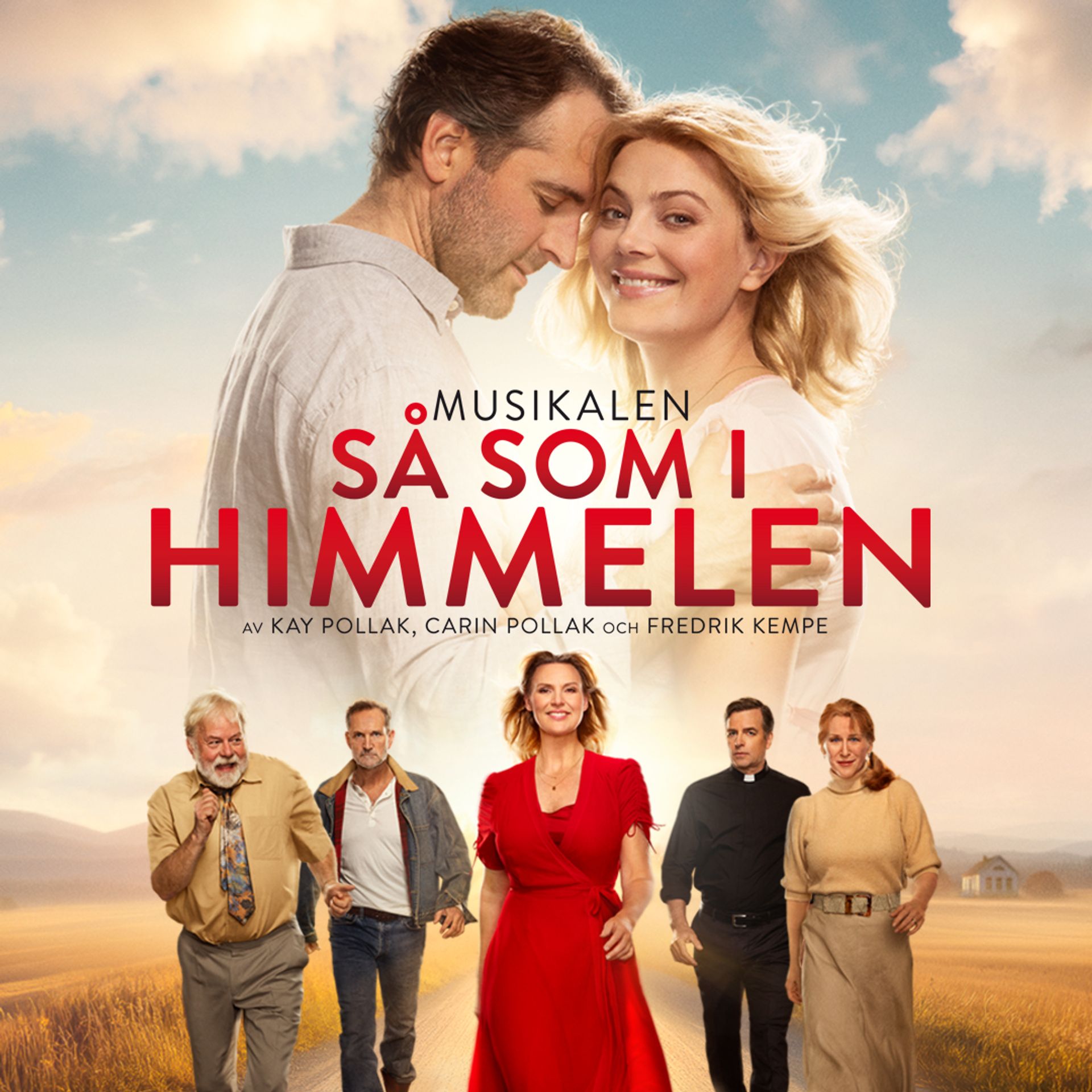 Så som i himmelen manér. Personer som går framåt i bild ledd av Sanna Nielsen på en landsväg med en äng. Ett par som ser lyckliga ut tillsammans syns längre upp i bild.