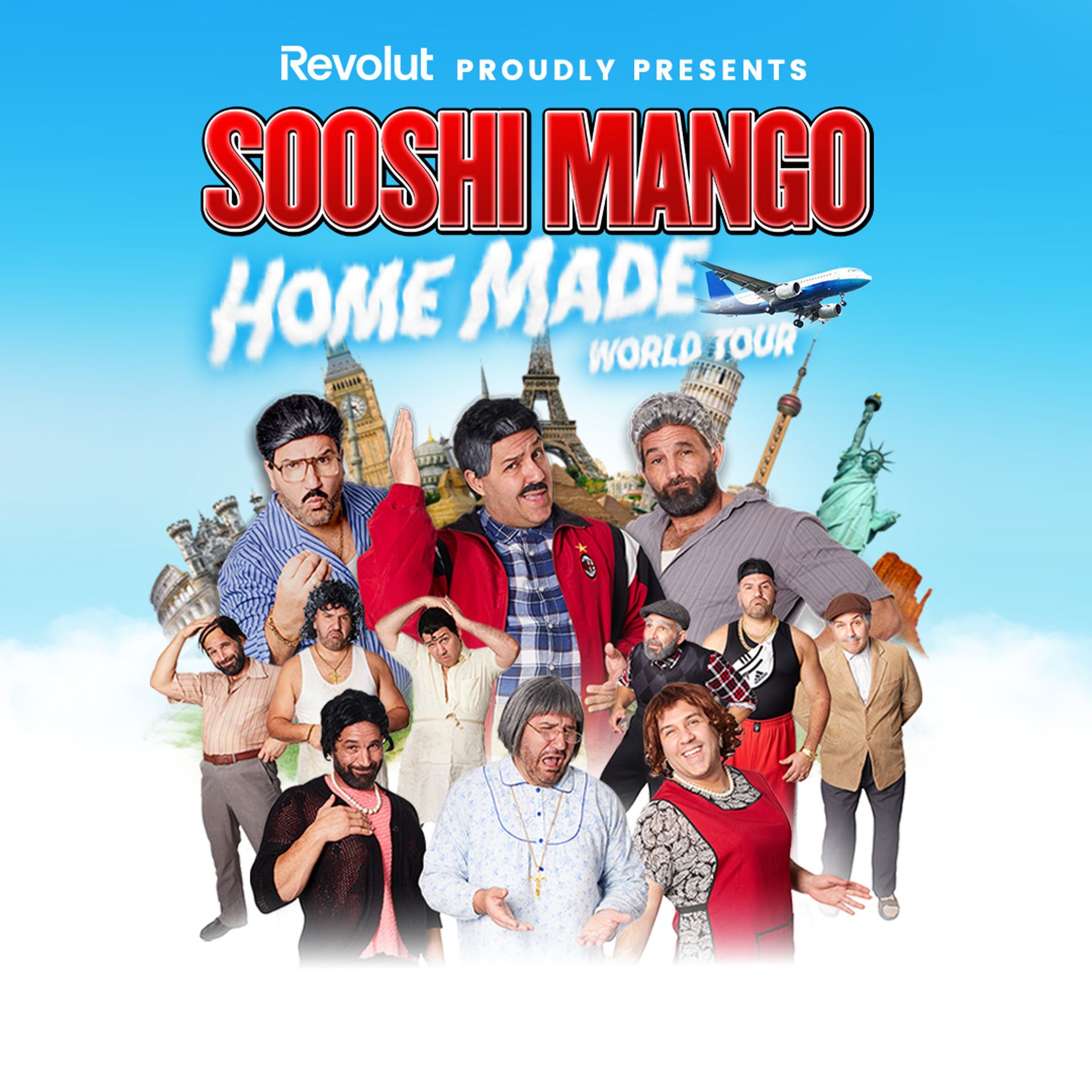 Manér för turnén "Home made" med Sooshi Mango. I bild ser vi flera av deras karaktärer framför kända landmärken i världen.