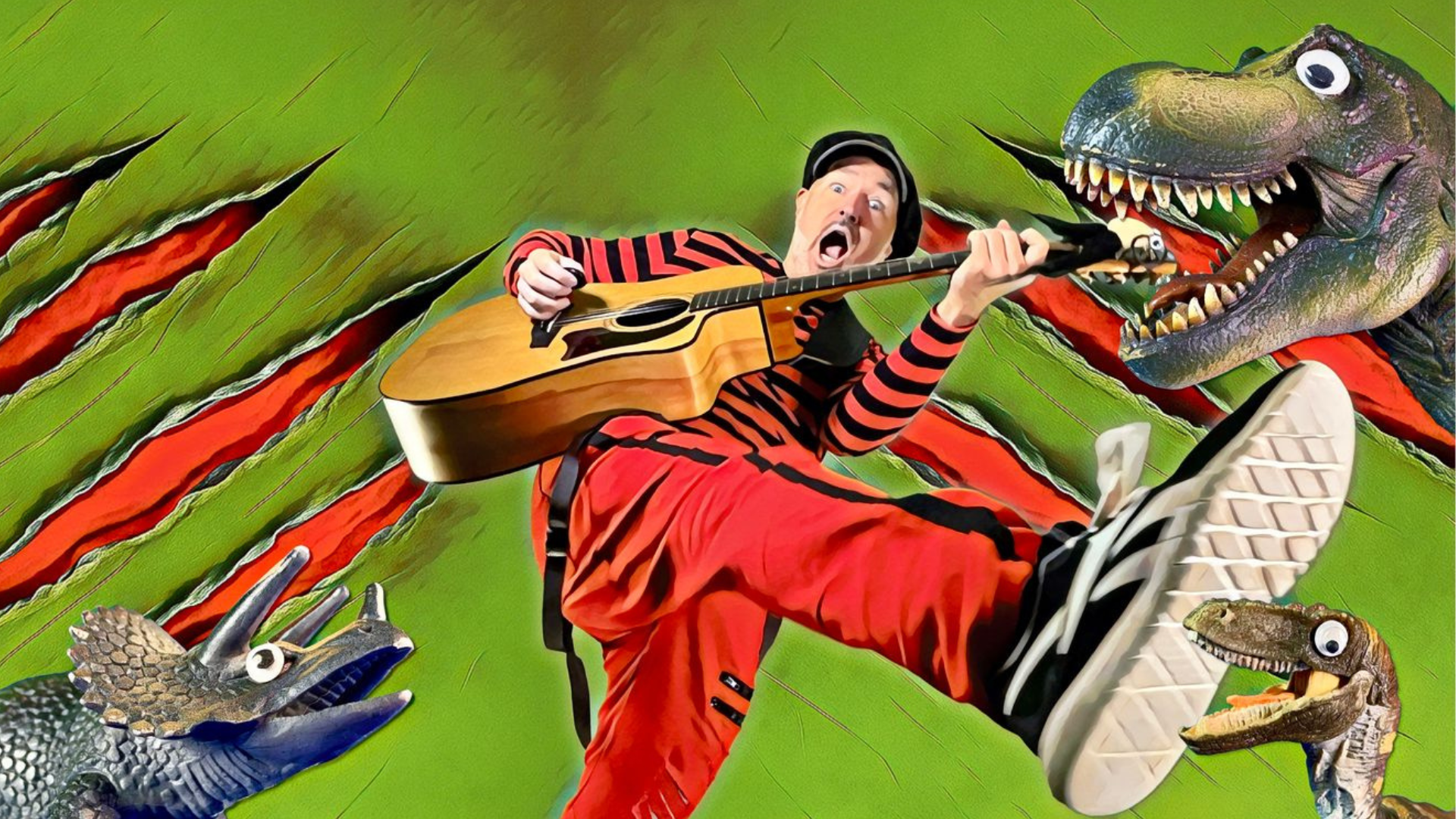 Manér bild för Pappa Kapsyl - Dinosaurielåtar. Pappa Kapsyl står mitt i bilden med röda kläder och en gitarr. Runt honom är det flera dinosaurier.