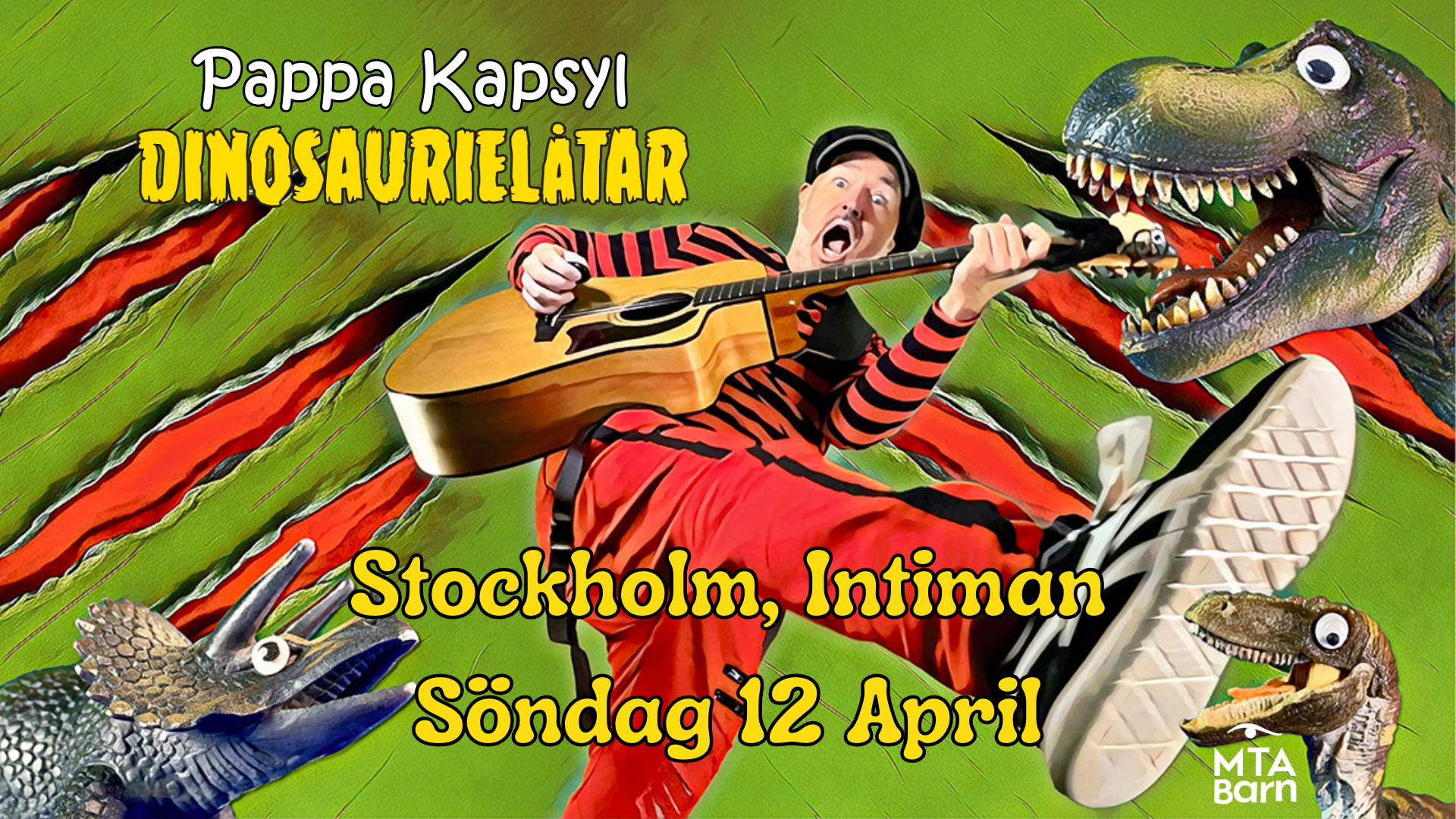 Thumbnail för Pappa Kapsyl - Dinosaurielåtar. Pappa Kapsyl står mitt i bilden med röda kläder och en gitarr. Runt honom är det flera dinosaurier.