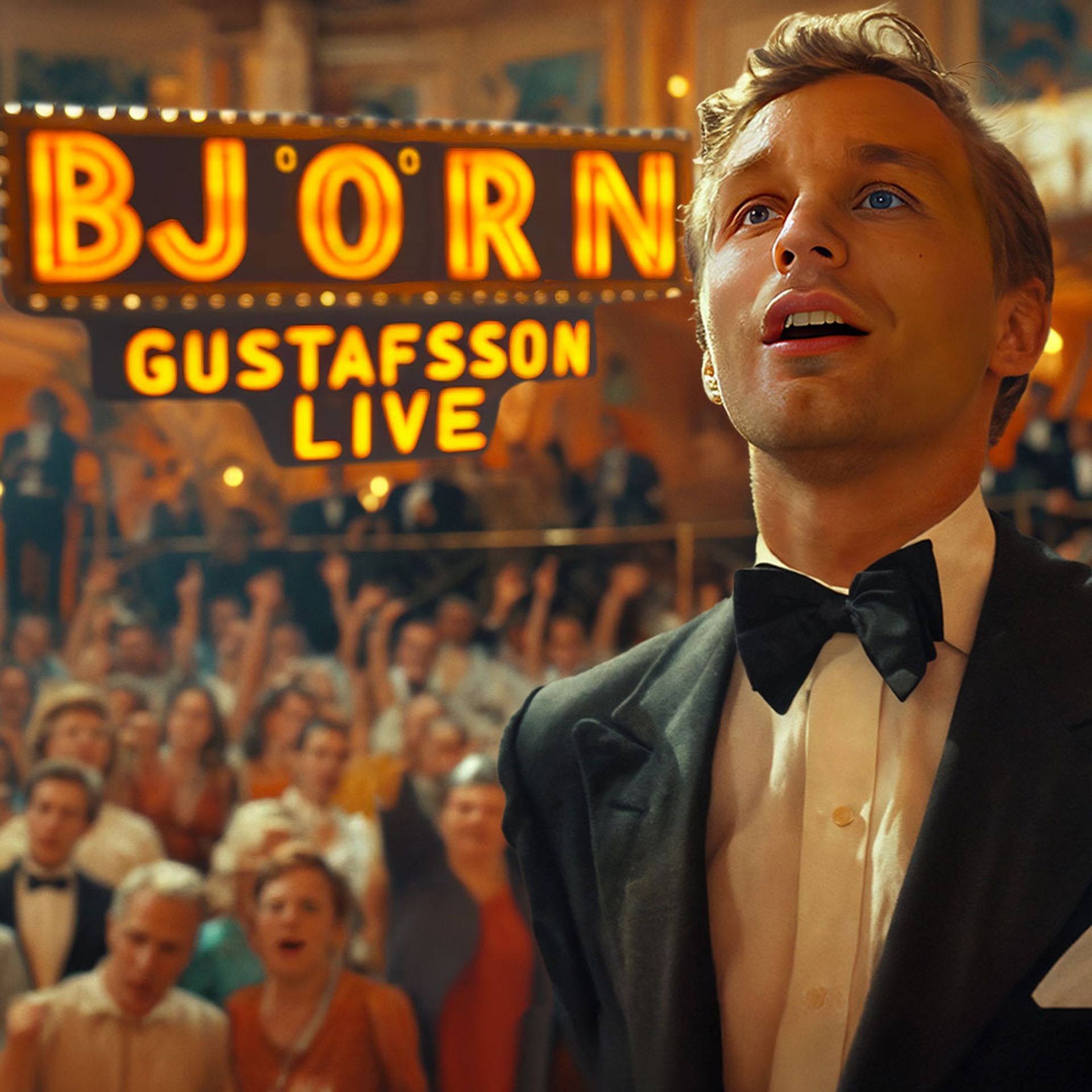 Björn Gustafsson som ser förväntansfull ut i kostym och fluga med publik bakom.
