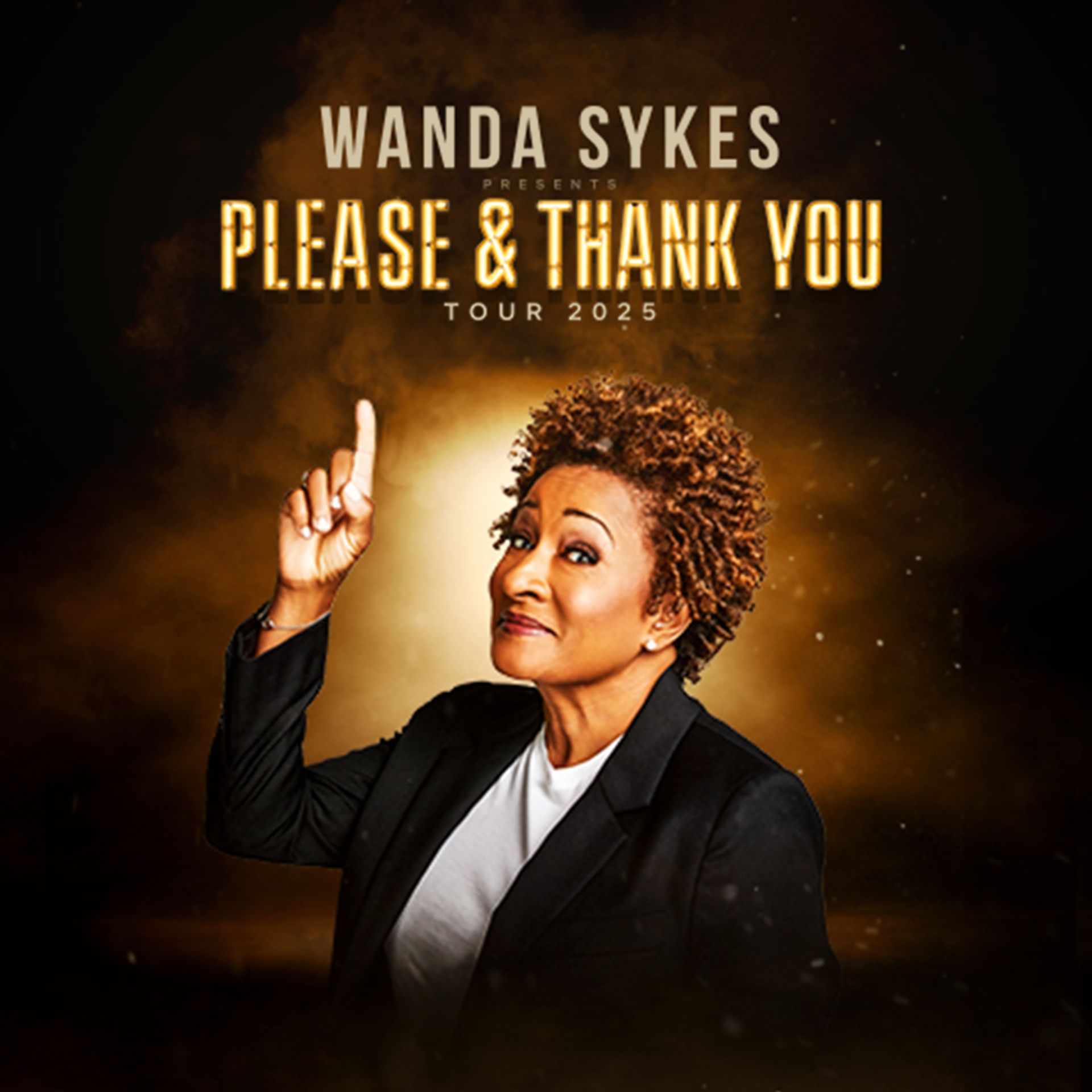 Manérbild för Wanda Sykes - Please & Thank you tour 2025. I bilden pekar hon med ett pekfinger upp i luften.