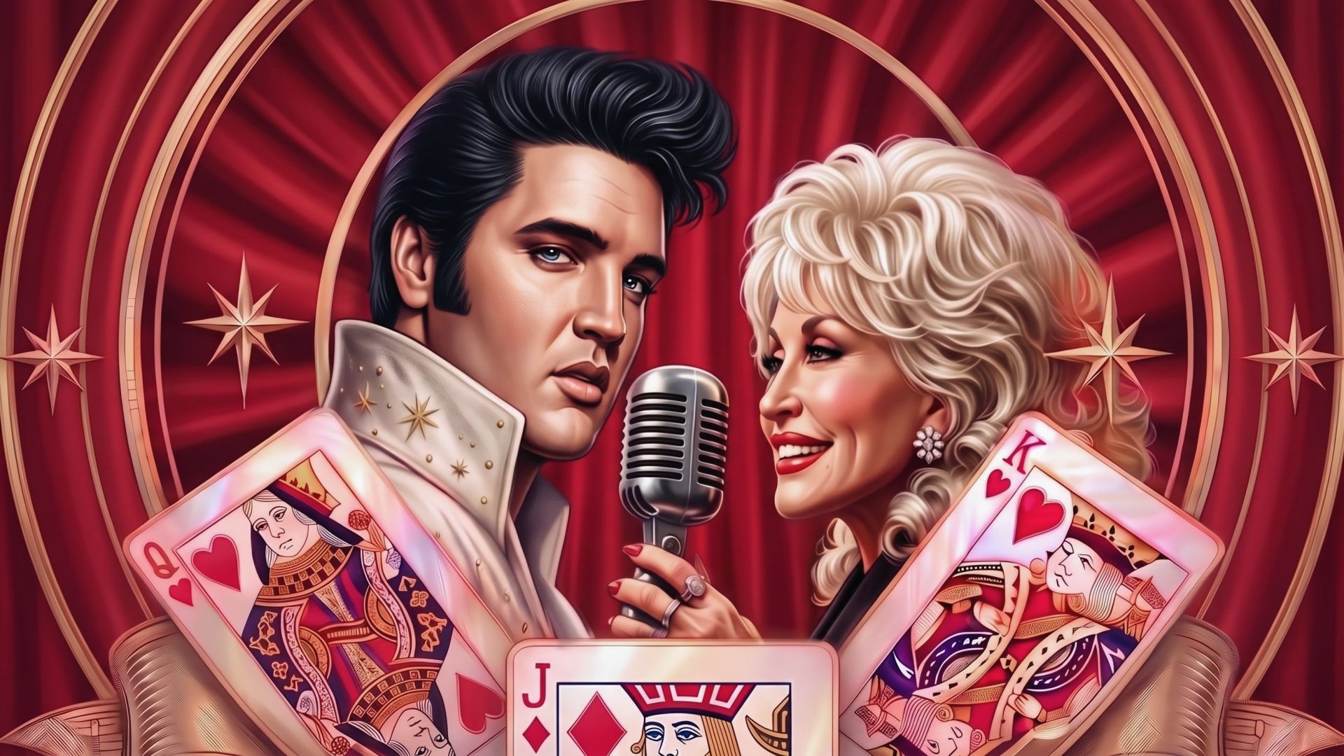 Illustrerad bild för From A Jack To A King med Elvis Presley och Dolly Parton vid en mikrofon, omgivna av spelkort mot röd bakgrund. Spelas på Lorensbergsteatern i Göteborg 21 april 2027.