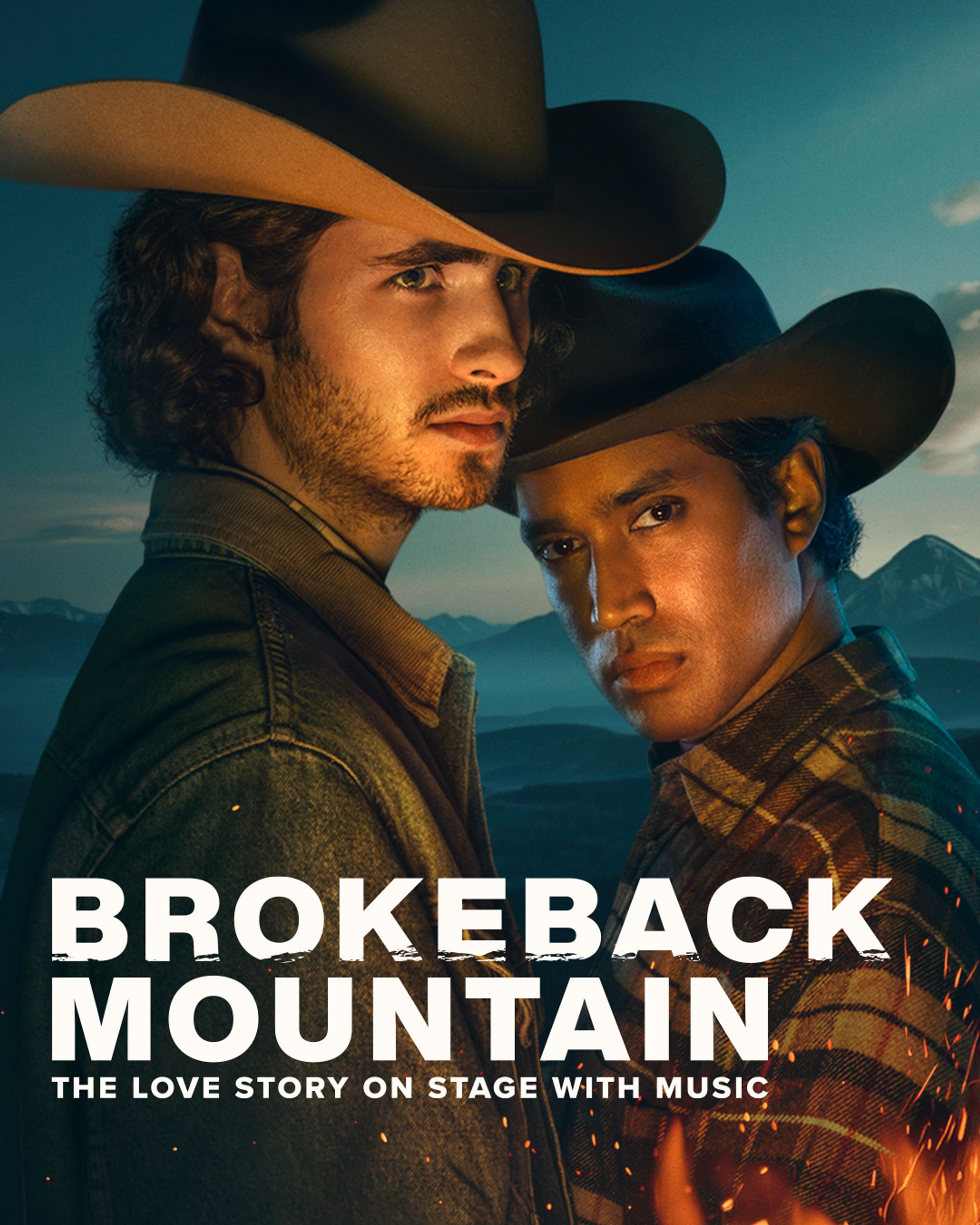 Manérbild Brokeback Mountain – teaterföreställning med musik, två män i cowboyhattar i ett dramatiskt bergslandskap