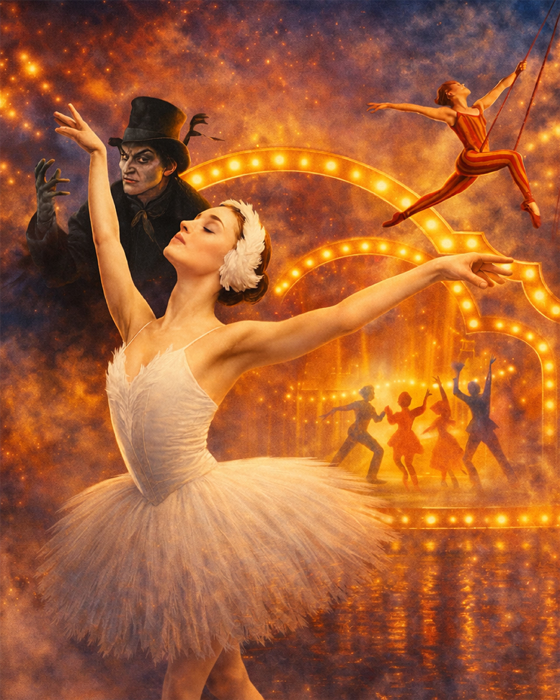 Manér för Svansjön. En ballerina syns främst i bild och bakom ser man en ond man och en cirkusartist. Bilden är gyllene i tonen.