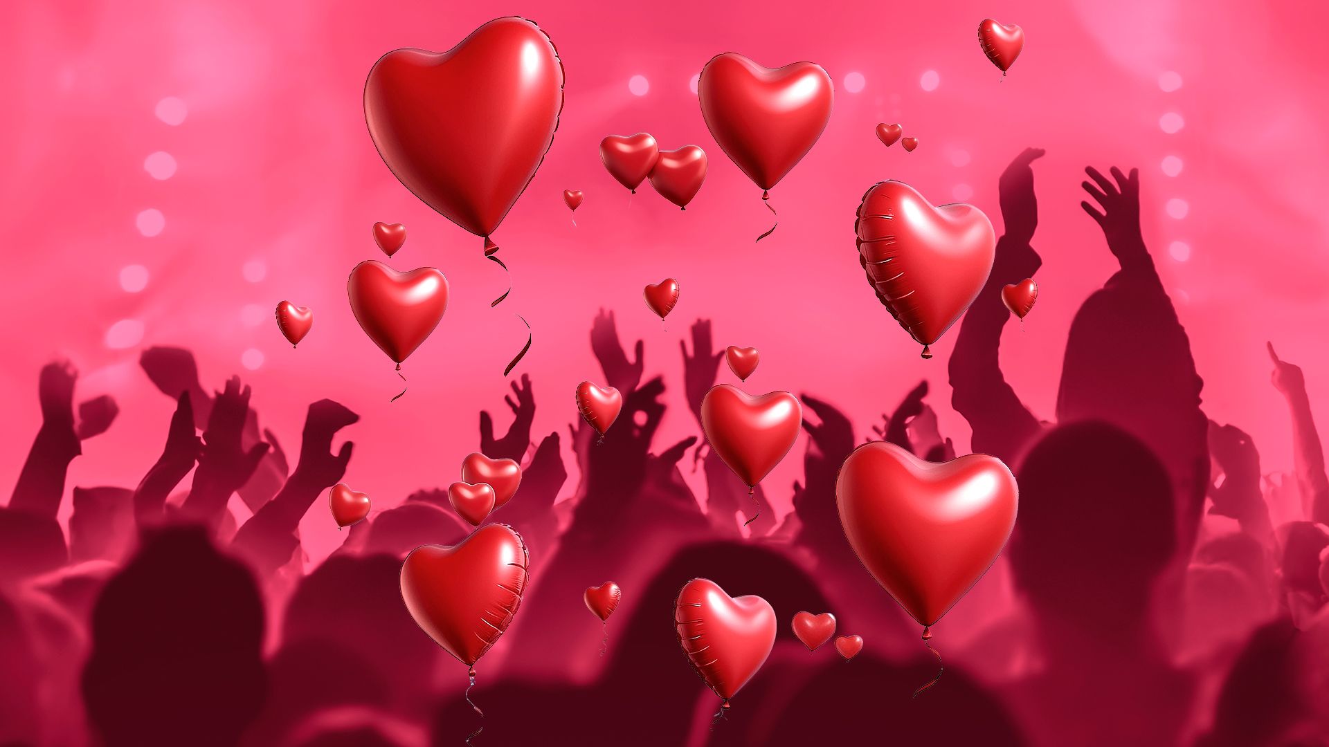 Showtic Alla hjärtans dag manér. Rosa bakgrund med människor som jublar och röda ballong hjärtan.