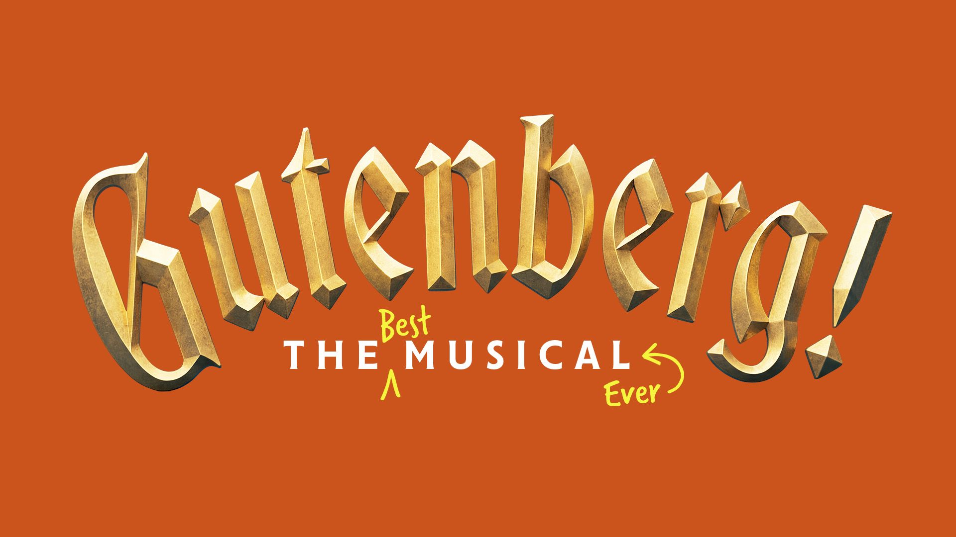 Logotype med texten Gutenberg The Best Musical Ever och orange bakgrund