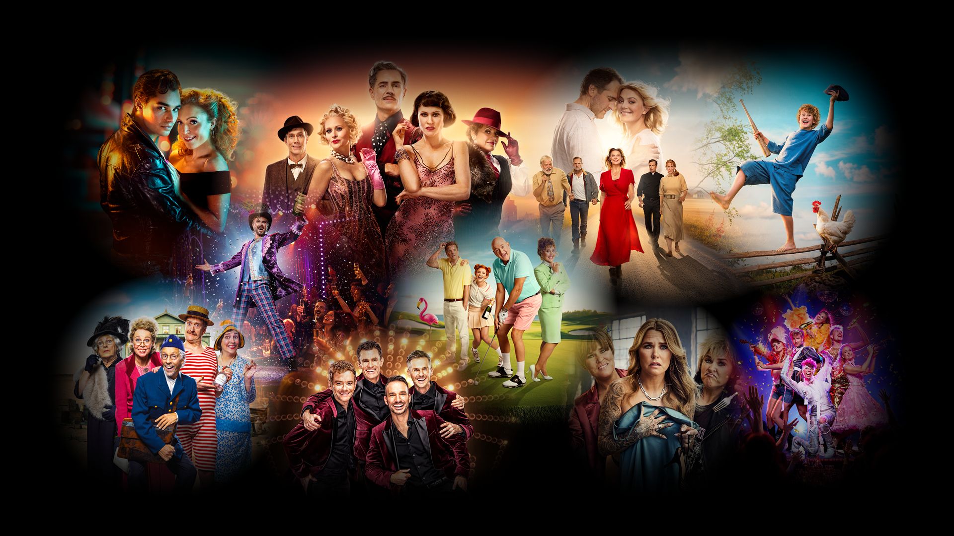 Showtic Premiaryra collage med scener från flera teater och dinnershows. Skådespelare och artister syns i färgglada och festliga miljöer.