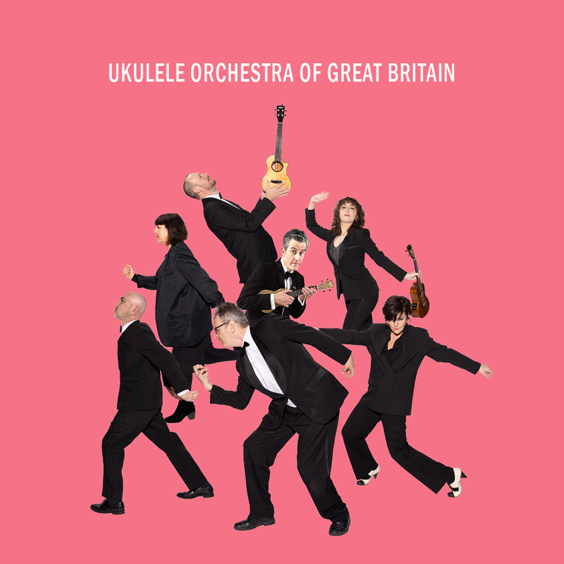 Manér bild för Ukulele Orchestra Of Great Britain. Sju orkestermedlemmar poserar och tre håller i en Ukulele.