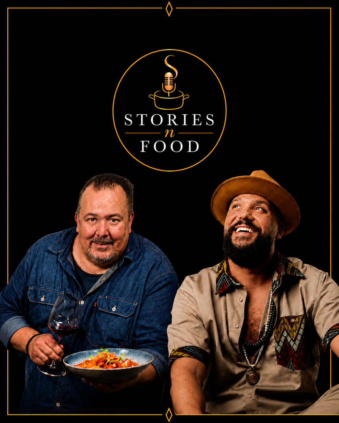 Affisch för Stories n Food. Nicke Tuomela sitter till vänster med ett glas rödvin och en tallrik mat, medan Kaliffa sitter till höger med hatt och ler. I mitten syns föreställningens logotyp mot en svart bakgrund med guldfärgade detaljer.