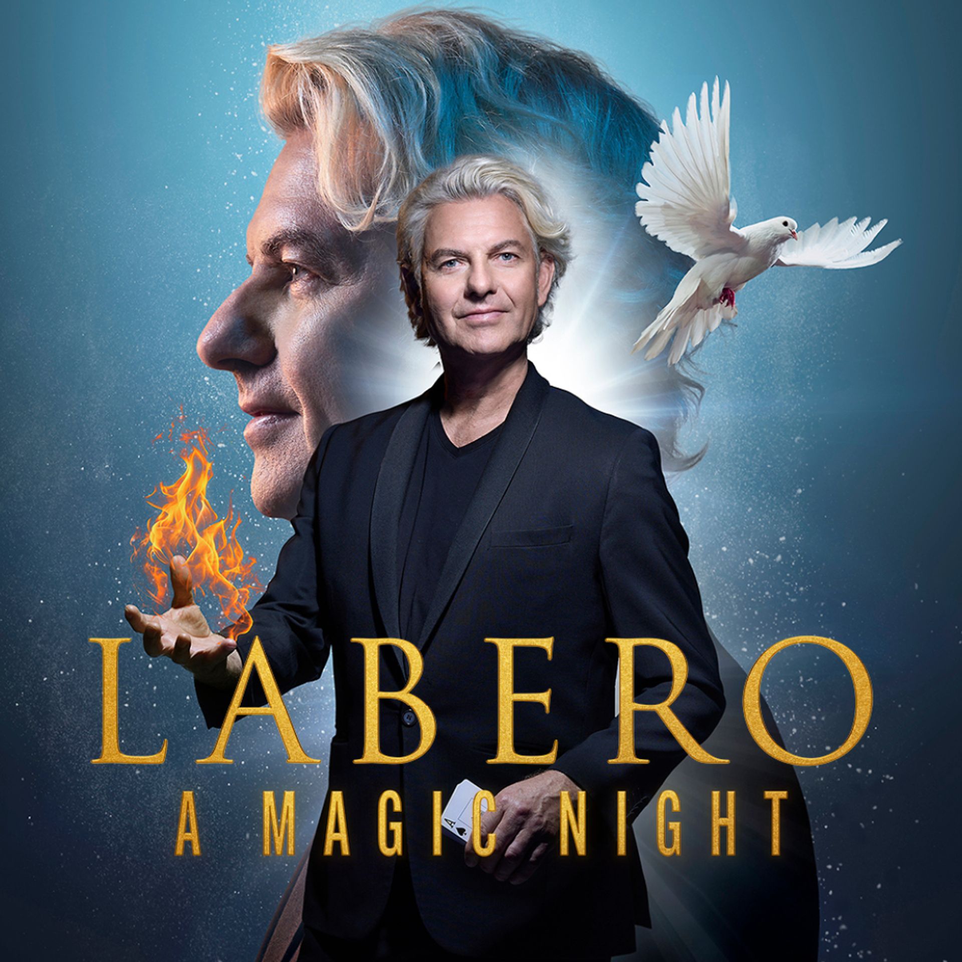 Manér för Labero Scandinavian Tour med Labero som poserar med eld och en duva