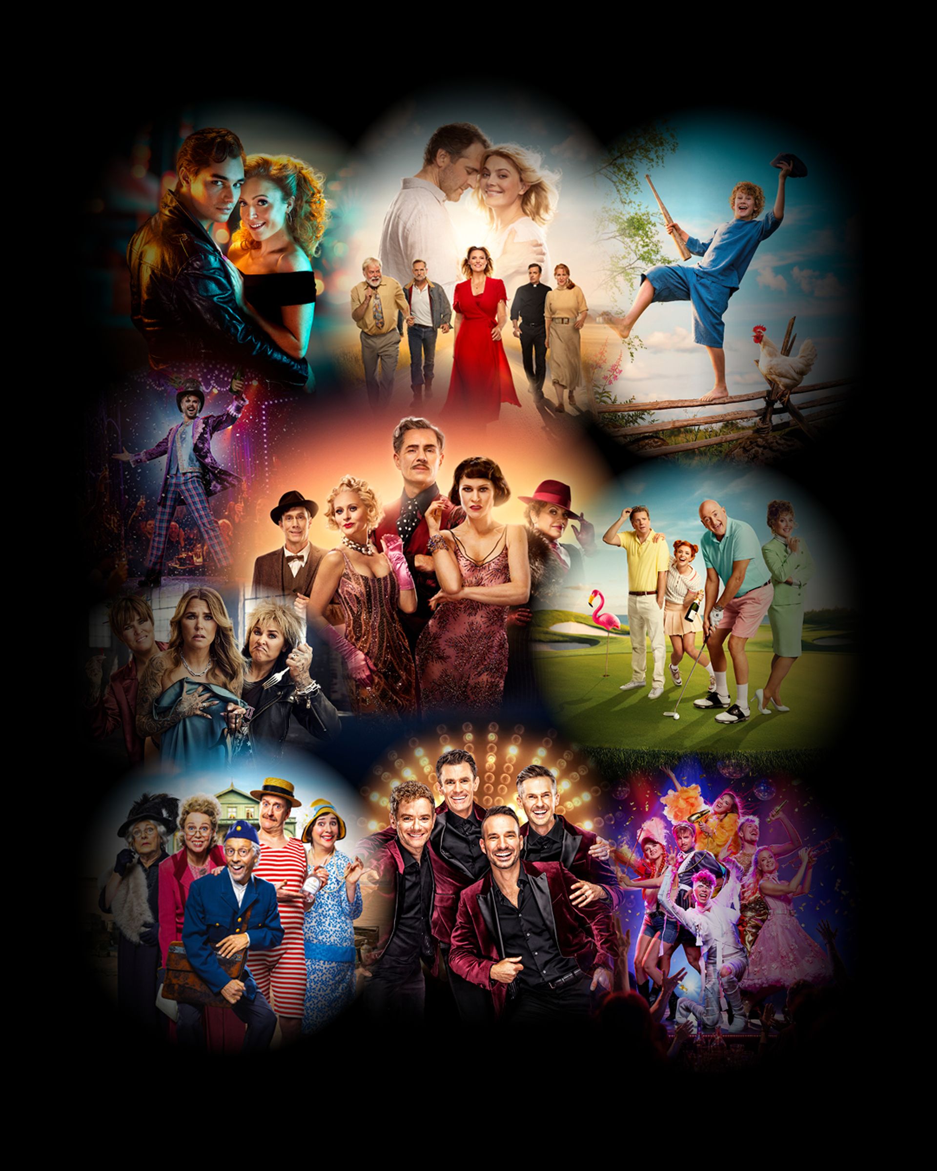 Showtic Premiaryra collage med scener från flera teater och dinnershows. Skådespelare och artister syns i färgglada och festliga miljöer.