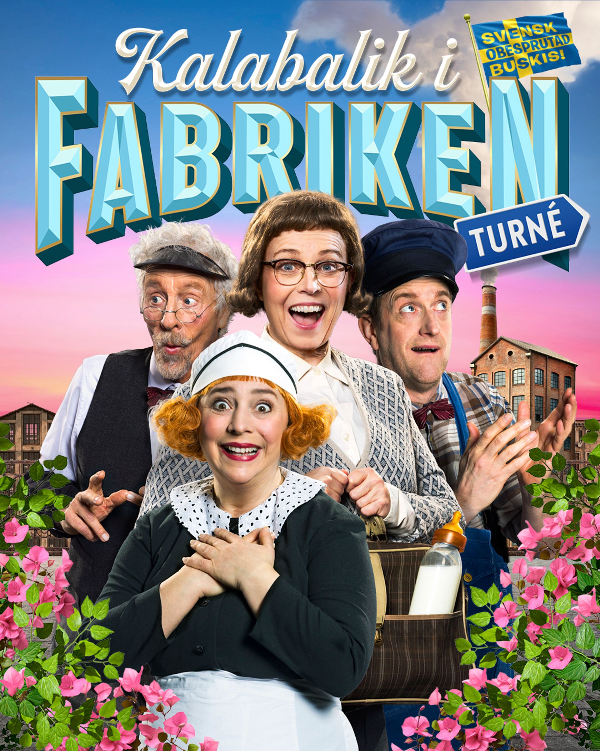 Manérbild för Kalabalik i fabriken på turné med fyra skådespelare samlade i en kreativ och livfull komposition som reflekterar showens tema.