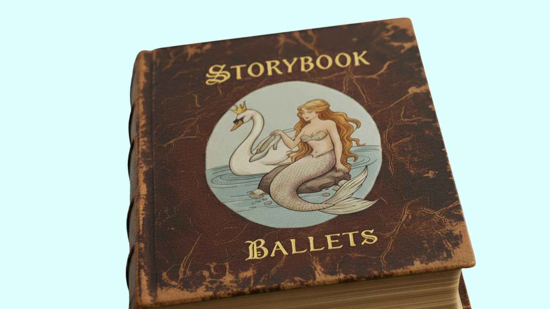 Manér för Storybook Ballets. En stor gammal bok som heter "storybook ballets" med en svan och en sjöjungfru på.