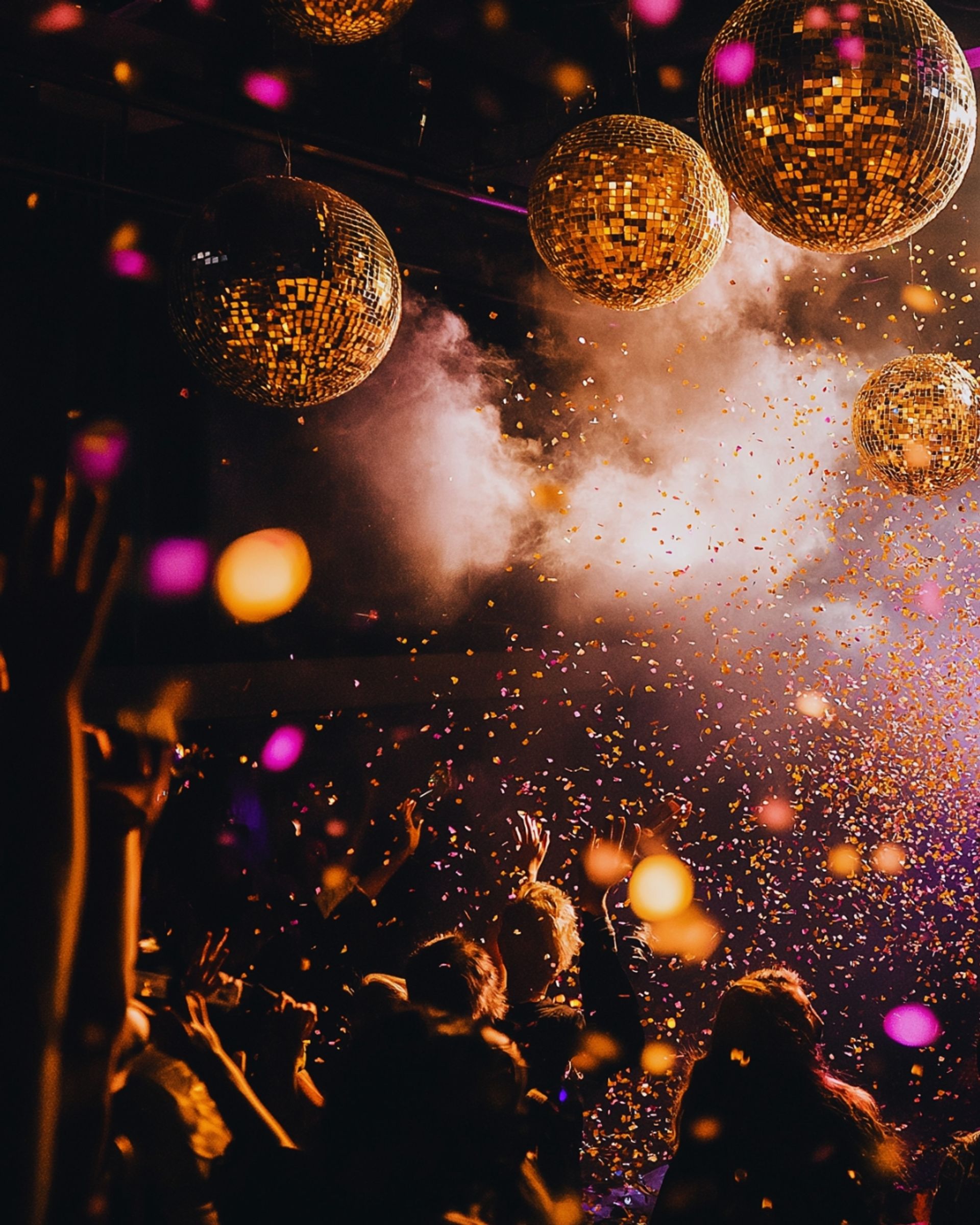 Glittrande manérbild för Golden Hits Dinner Show – med discokulor, konfetti och peppad publik i partystämning