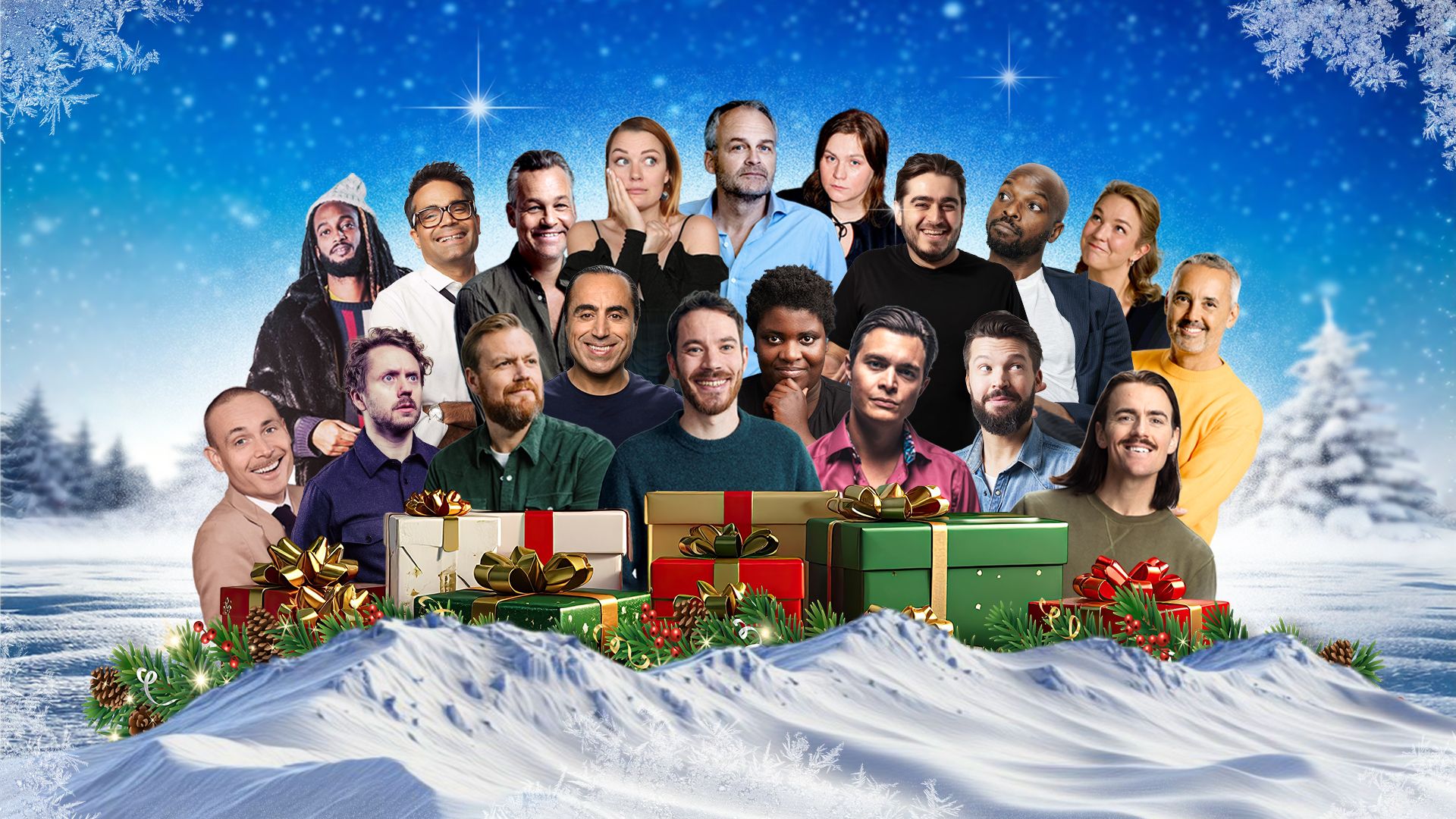 Manér för Humorkalaset Christmas. Massor av komiker radas upp inklippta i ett vinterlandskap med paket och snö.