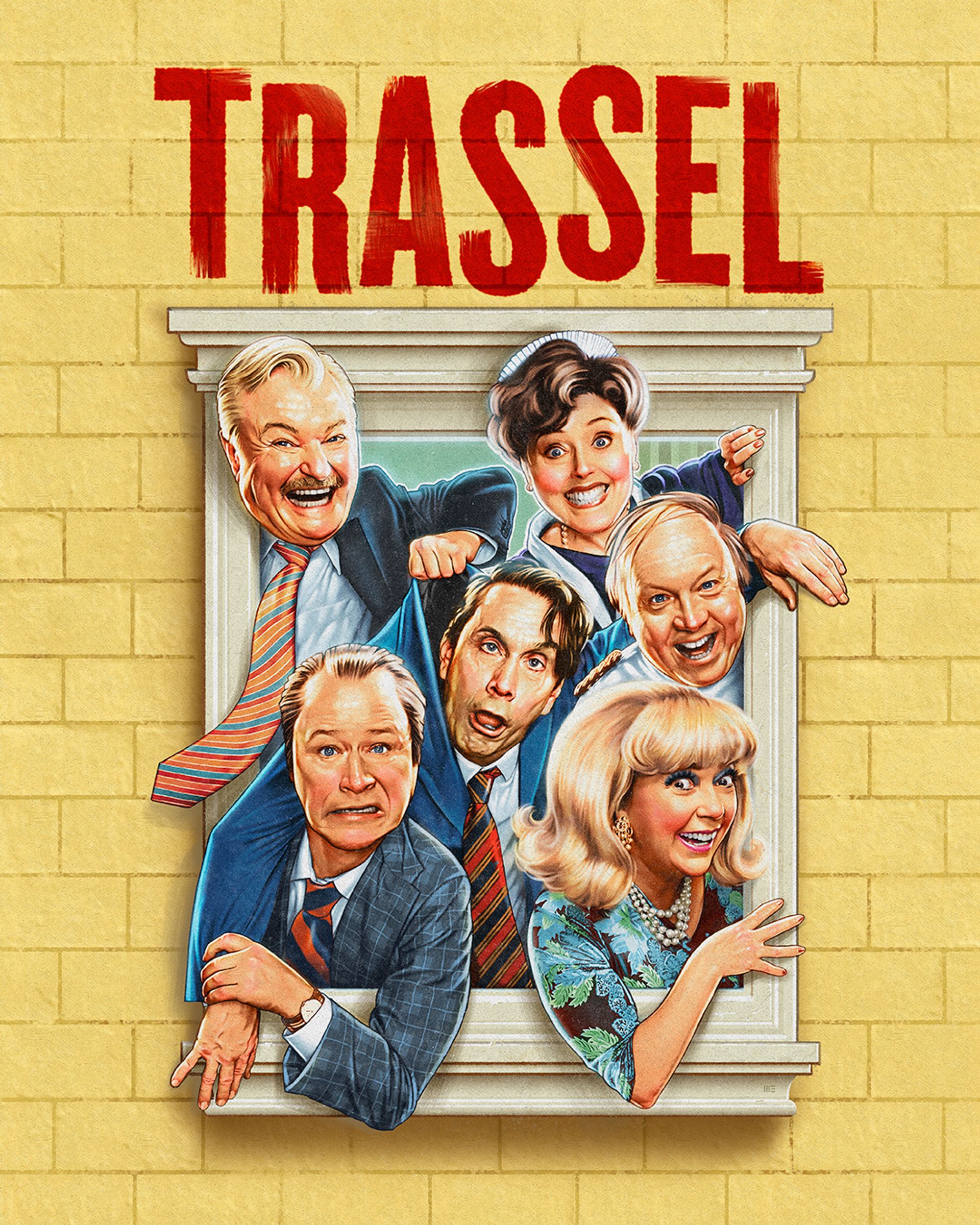 Manér för föreställningen Trassel. En tecknad bild av Robert Gustafsson, Peter Dalle, Malin Cederbladh, Ola Forssmed och Hanna Dorsin som tittar ut genom ett fönster på ett gult tegelhus.