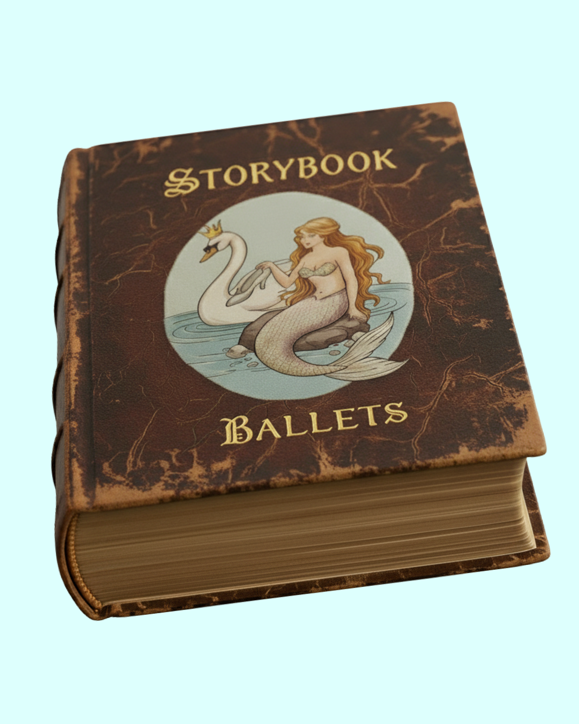 Manér för Storybook Ballets. En stor gammal bok som heter "storybook ballets" med en svan och en sjöjungfru på.