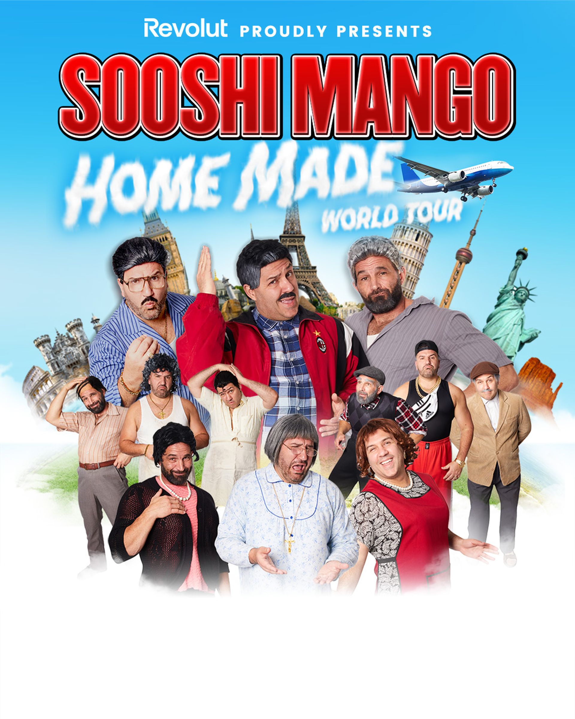 Manér för turnén "Home made" med Sooshi Mango. I bild ser vi flera av deras karaktärer framför kända landmärken i världen.