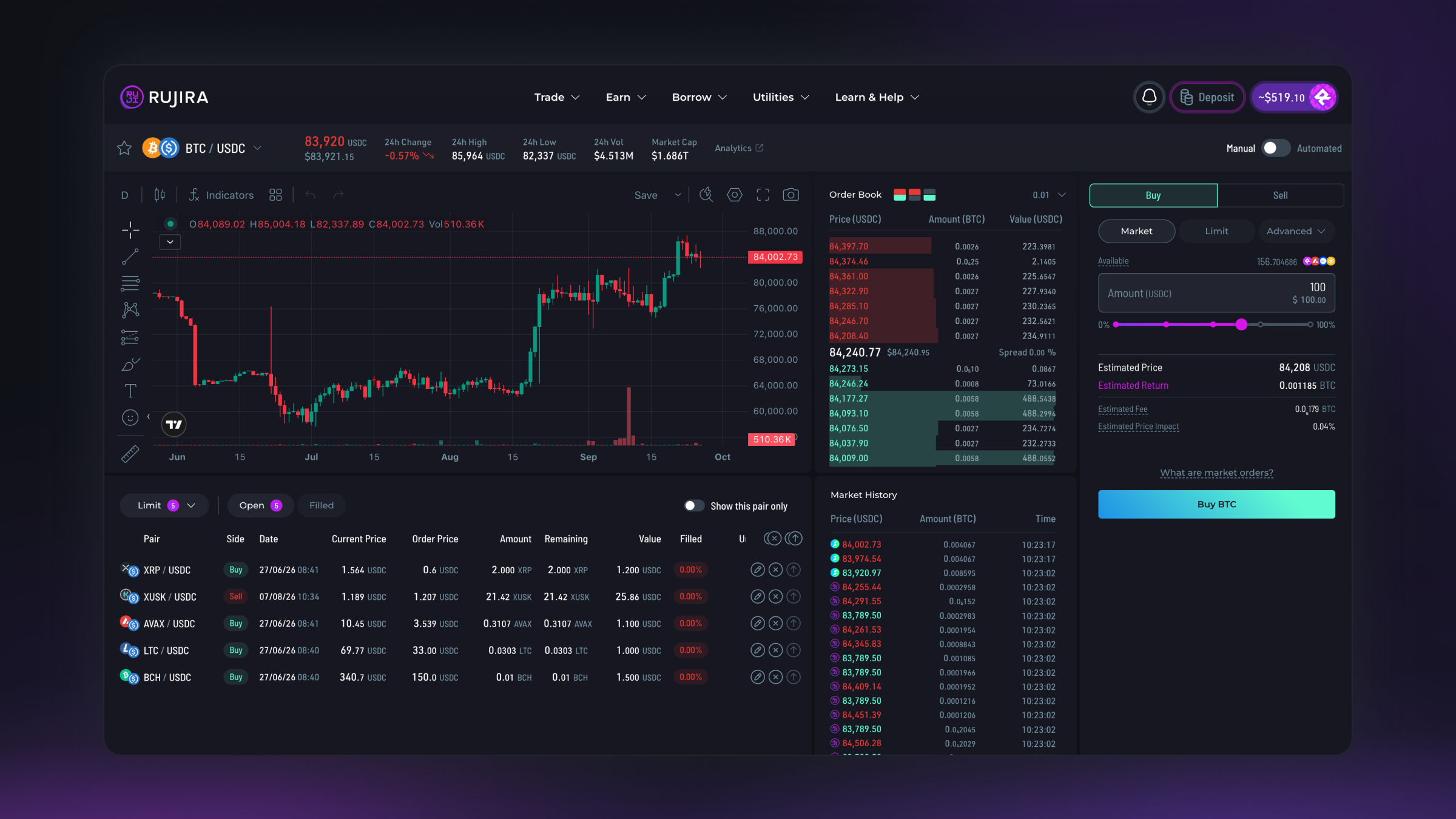 Rujira Trade BTC and USDC market showing the price chart, orderbook, recent trades, and order panel.