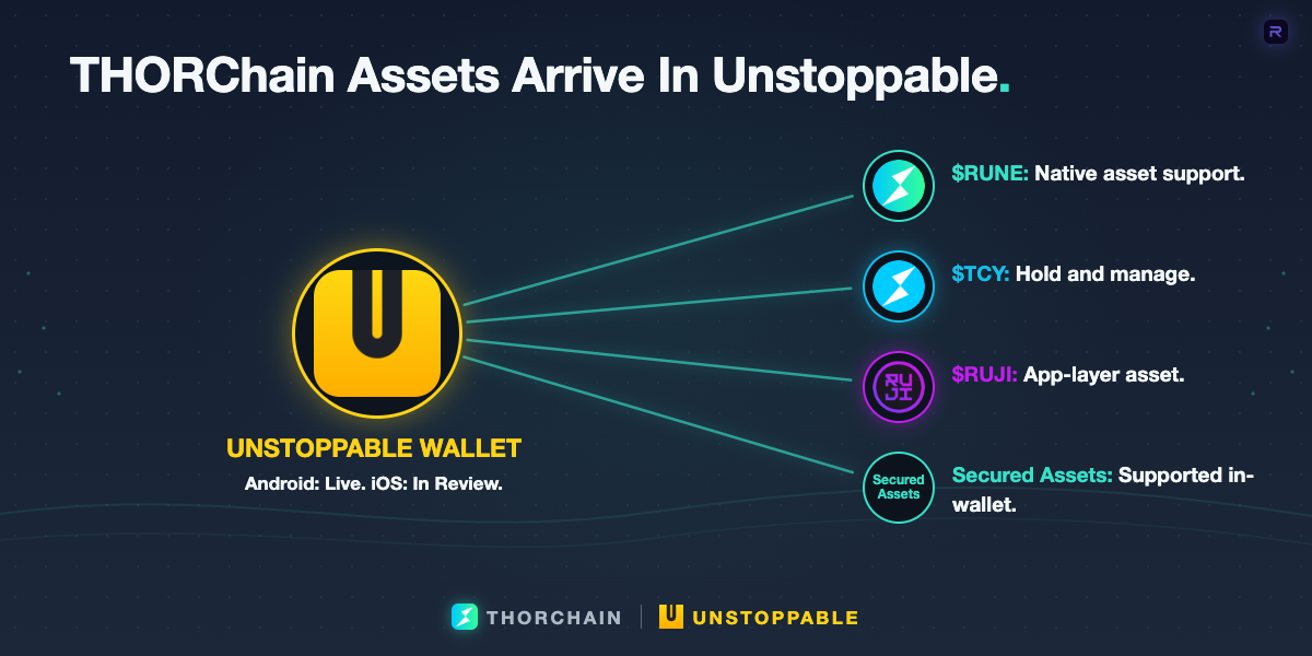 Unstoppable Wallet connects to official $RUNE, $TCY, $RUJI and secured-asset support nodes.