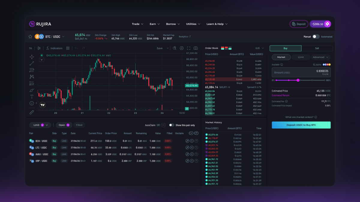 RUJI Trade interface showing a BTC and USDC market with a price chart, orderbook, order controls, and trade history.