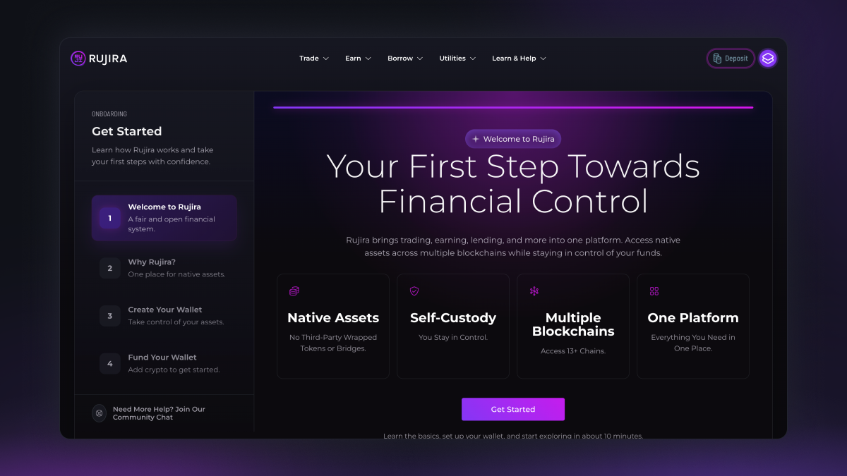 Rujira Get Started page showing onboarding steps for creating and funding a wallet.