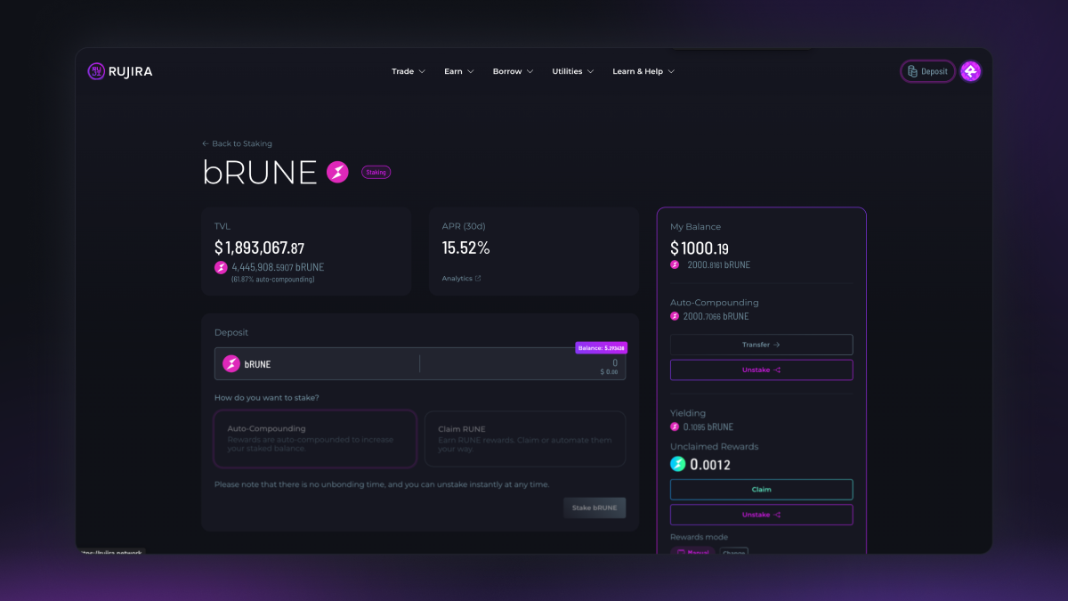 bRUNE interface showing total value locked, annual percentage rate, wallet balance, and auto-compounding controls.
