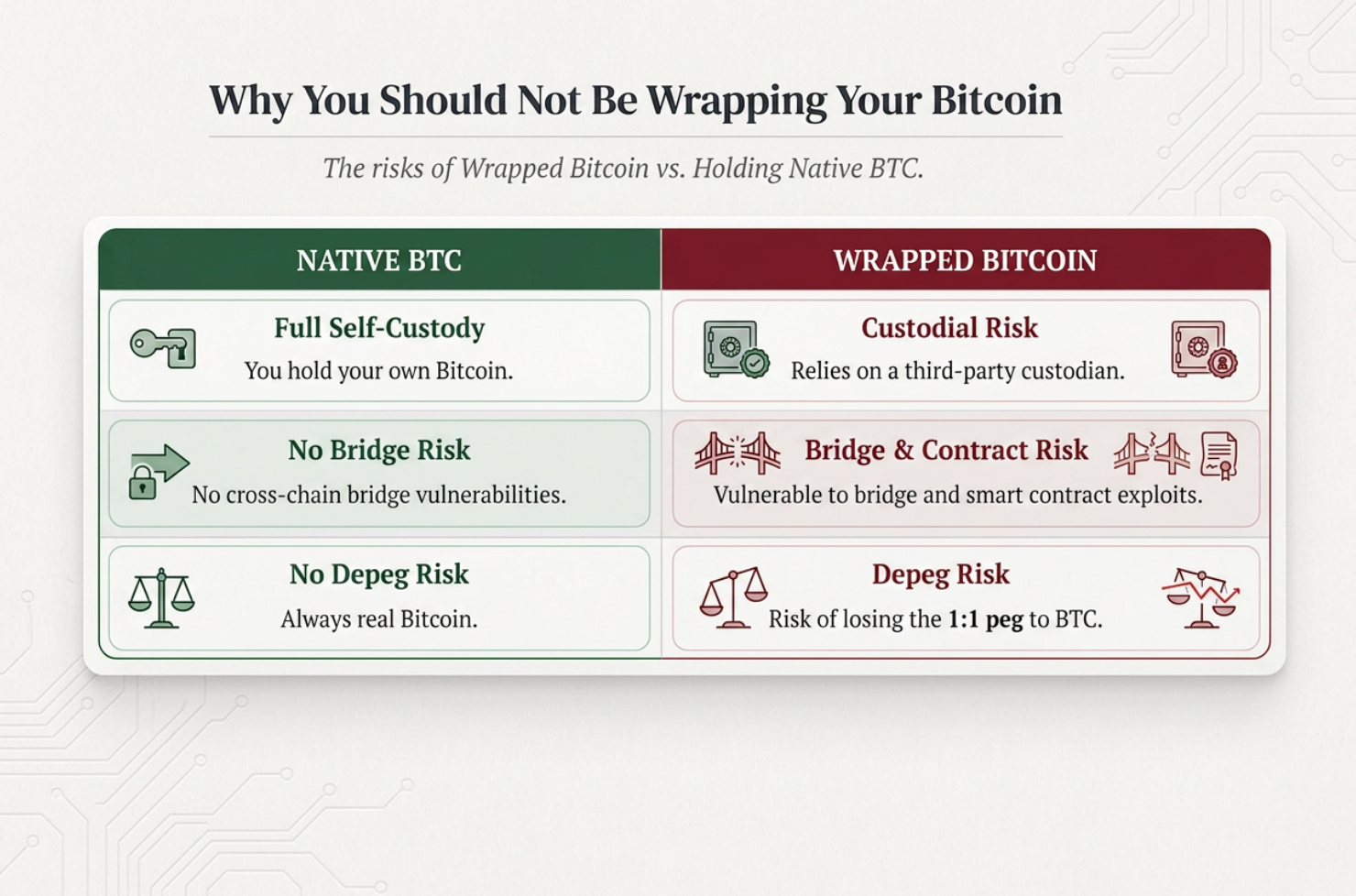 Table explaining the difference between native and wrapped bitcoin