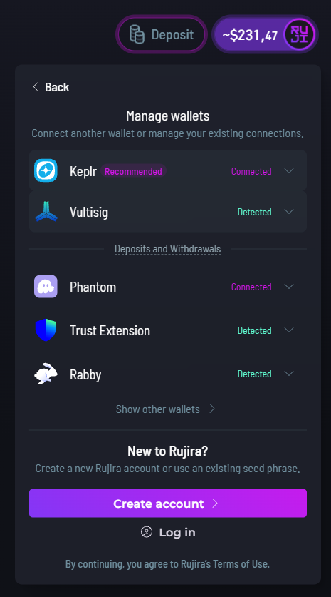 Rujira wallet connection interface displaying supported wallets and an option to create a new account.
