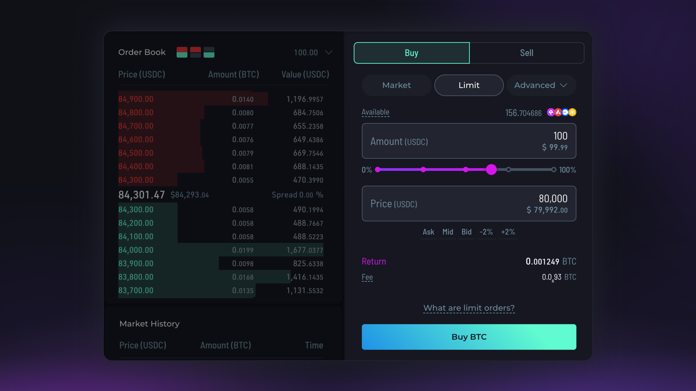 Rujira Trade Limit Order panel showing a selected price and order amount.