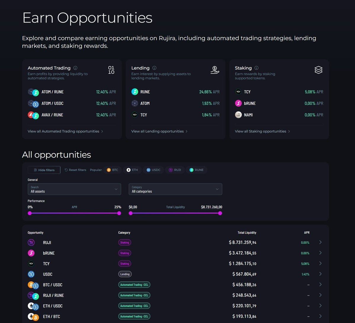 Rujira Earn Opportunities page displaying automated trading, lending, and staking opportunities with asset and category filters.