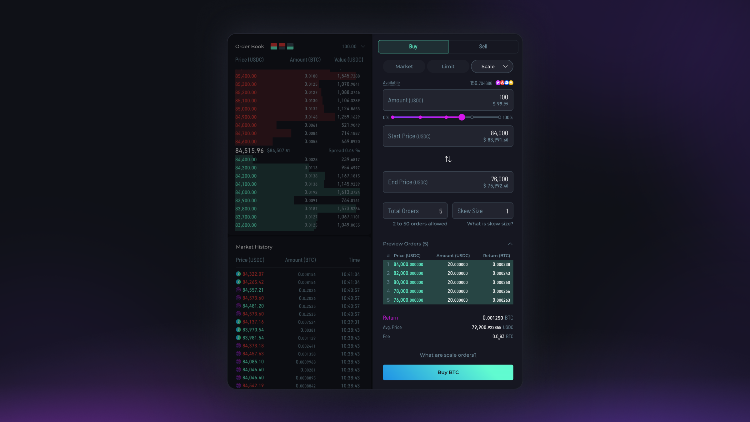 Rujira Trade Scale Order panel showing a price range and multiple order levels.
