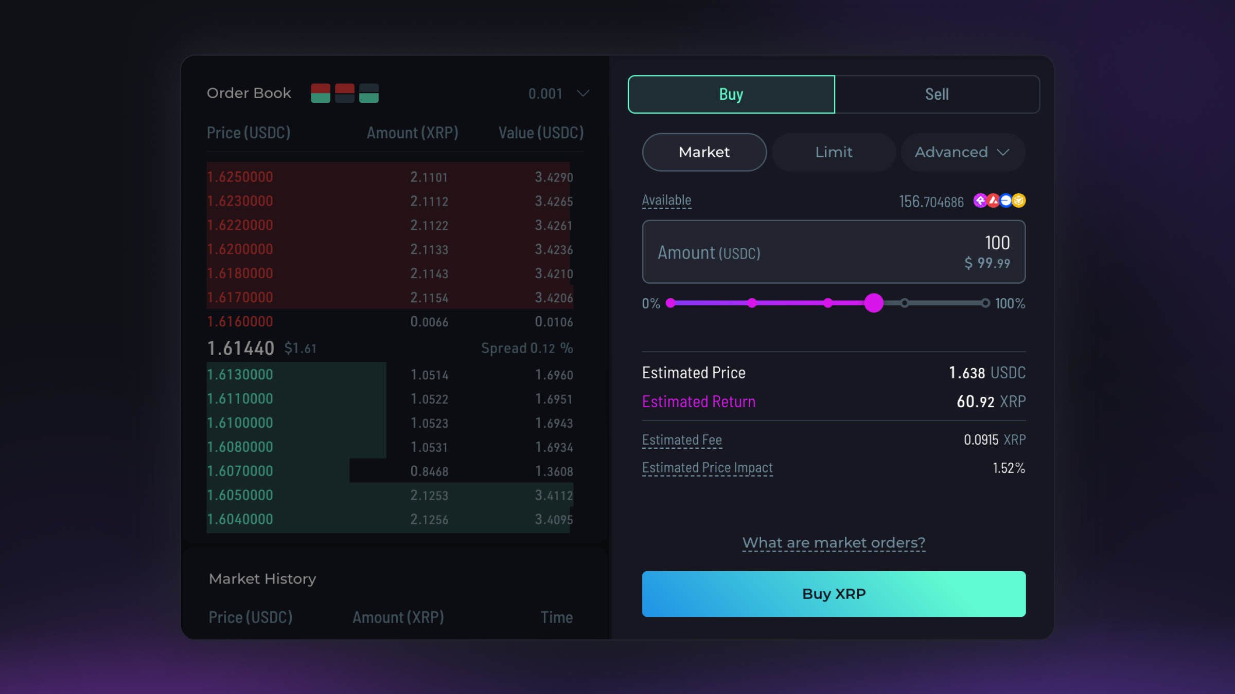Rujira Trade Market Order panel showing the asset amount, quote, and transaction details.