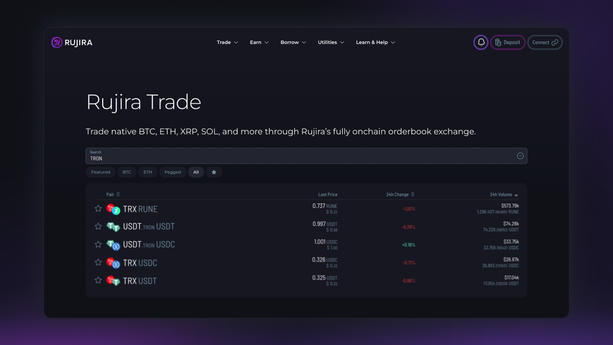 RUJI Trade markets page filtered for TRON, showing TRX/RUNE, TRX/USDC, TRX/USDT, and USDT.TRON stablecoin pairs.