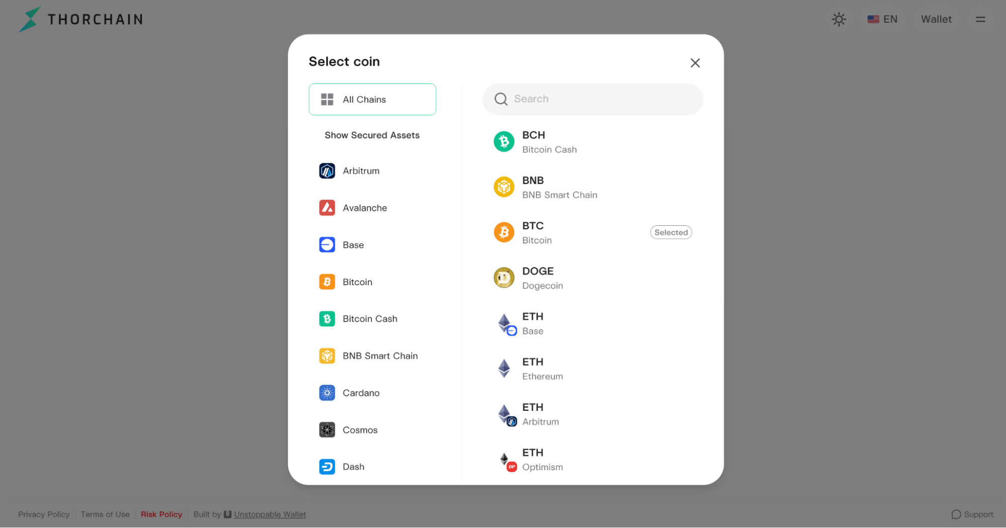 The coin selector of swap.thorchain.org, listing chains on the left and assets such as BTC, BNB and ETH on the right.