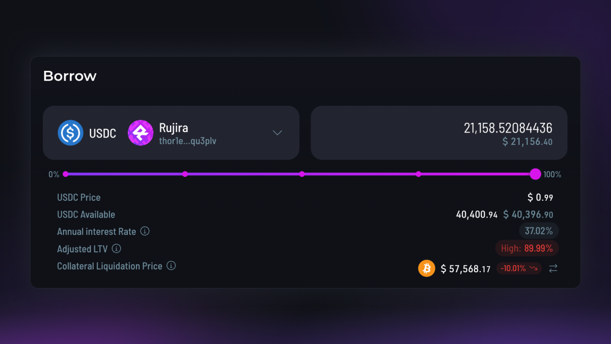 RUJI Money Market borrow panel showing USDC debt, annual interest rate, an Adjusted LTV of 89.99%, and the estimated BTC liquidation price.