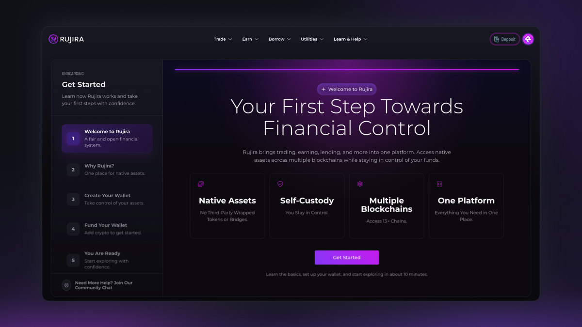 Rujira onboarding screen highlighting native assets, self-custody, multiple blockchains, and open access.