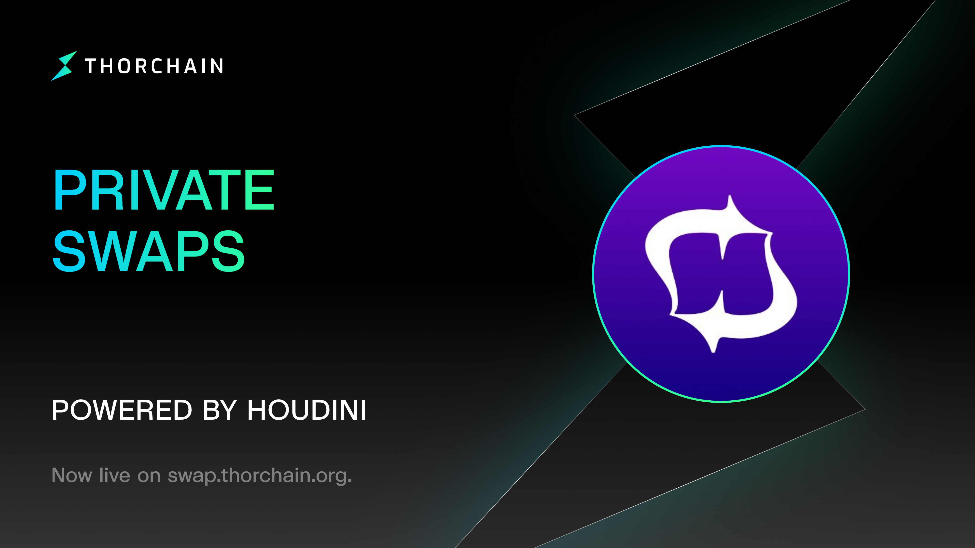 THORChain cover with "Private Swaps" in a cyan-to-green gradient, "Powered by Houdini" and "Now live on swap.thorchain.org", next to the purple Houdini logo in a gradient ring on a dark background.