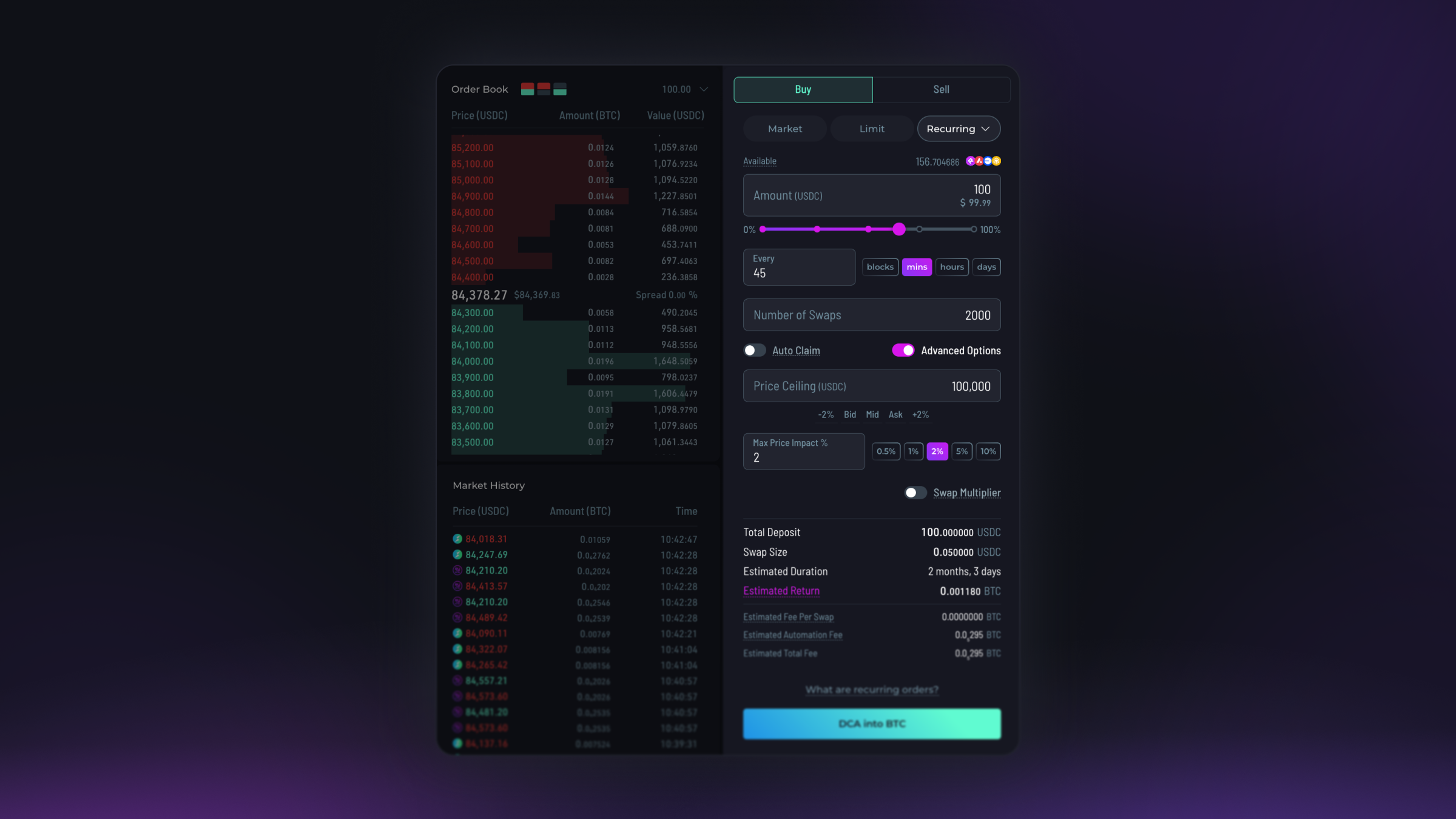 Rujira Trade Recurring Order panel showing the amount, frequency, and optional price limits.