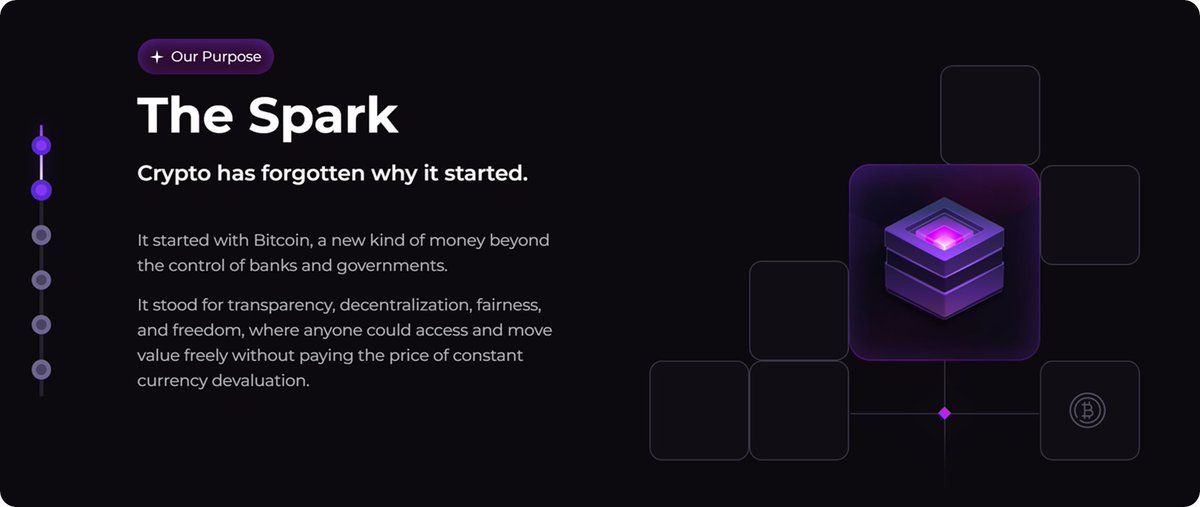 Presentation slide titled The Spark, explaining that Bitcoin began as money beyond the control of banks and governments.