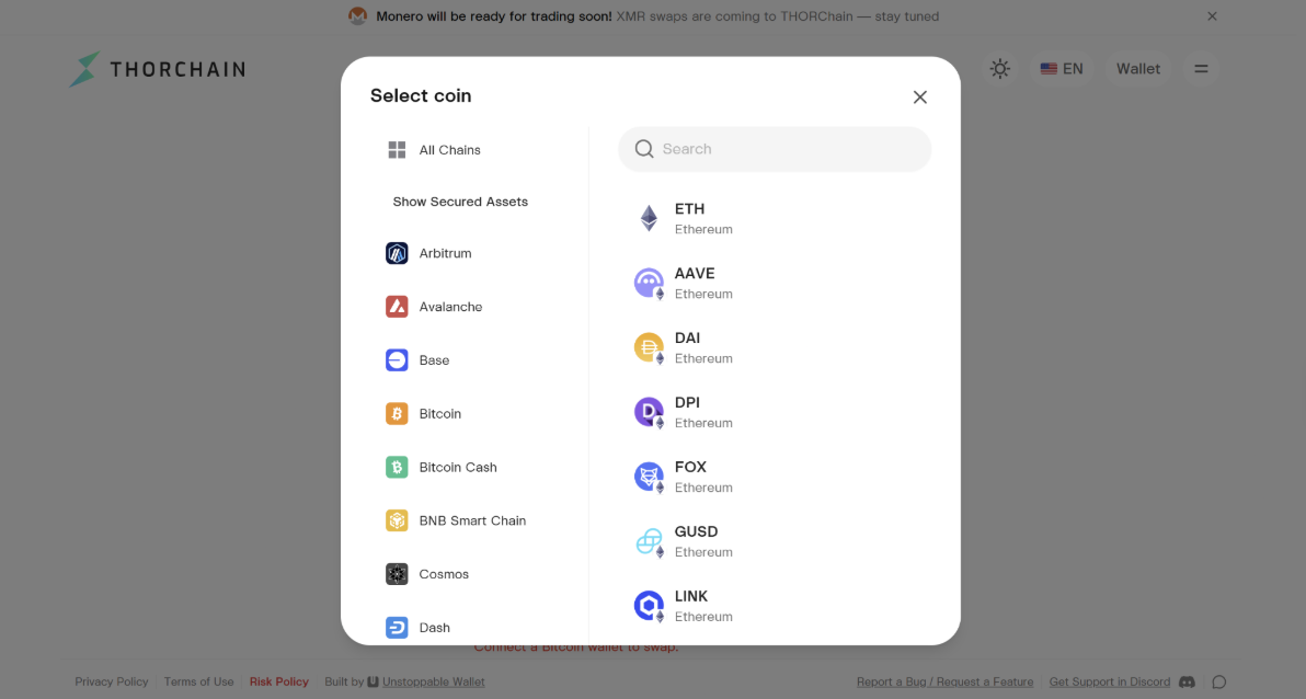 Image showing the crypto you can swap on THORChain