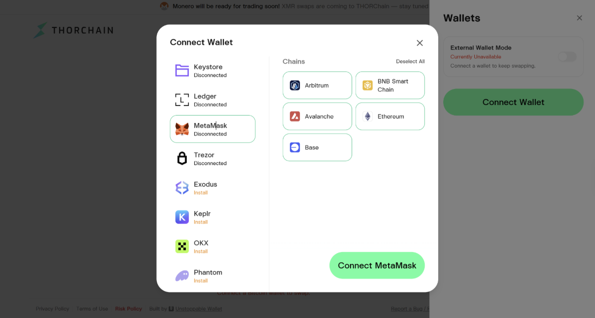 Image showing available wallets to swap on THORChain. 