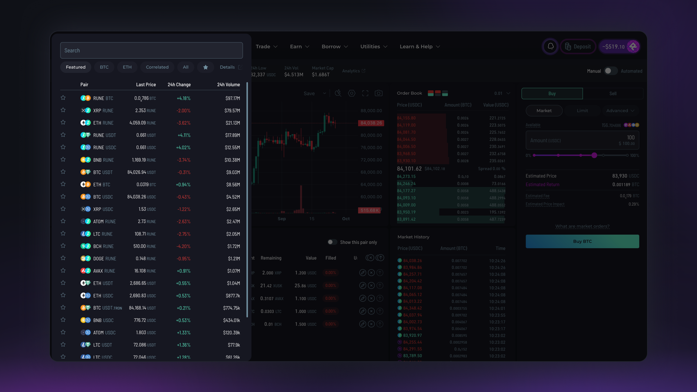 Rujira Trade market overview showing supported native assets, stablecoins, and trading pairs.
