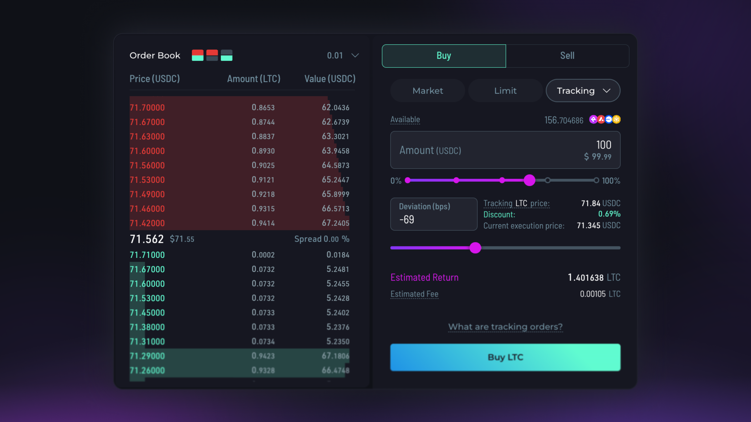 Rujira Trade Tracking Order panel showing an oracle reference and selected discount or premium.