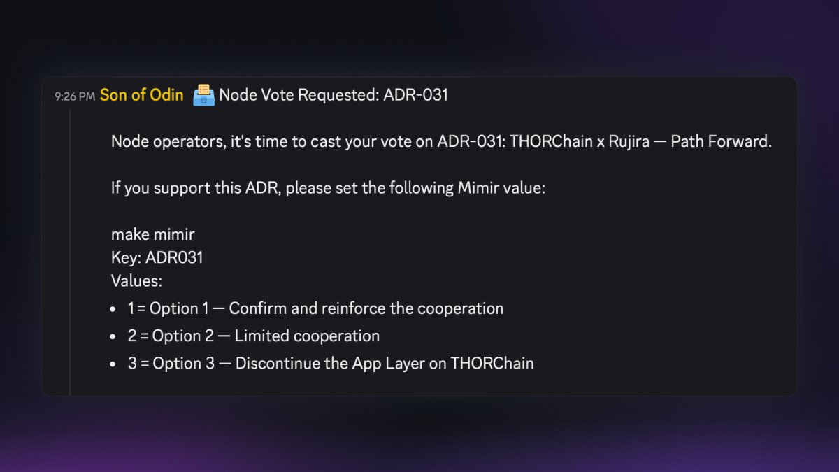 ADR-031 node vote graphic presenting three possible paths for future cooperation between THORChain and Rujira.